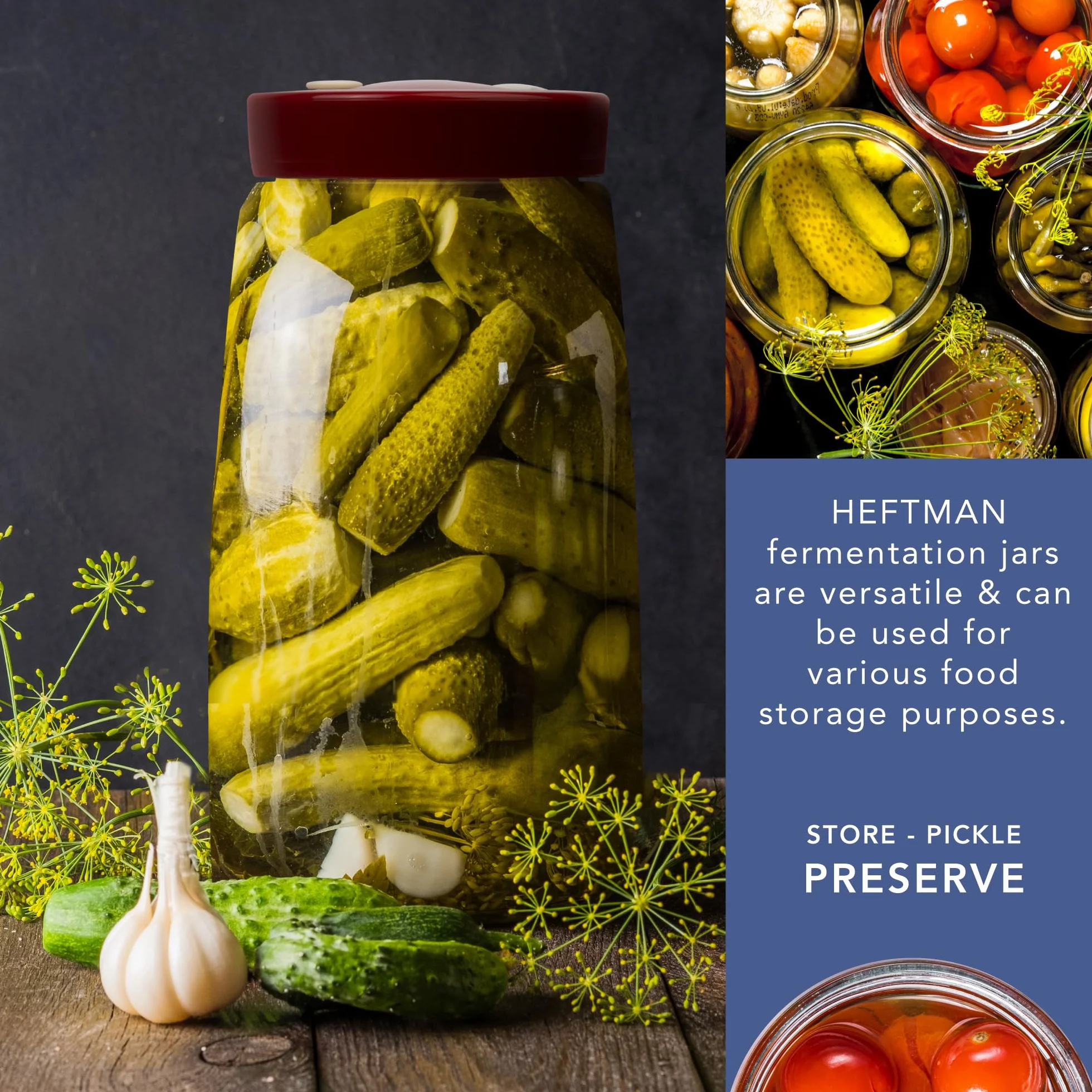 HEFTMAN Fermentacion Frascos de Vidrio con Tapa 2,2 Litros para Kéfir Kimchi Masa Madre (2 Unidades)