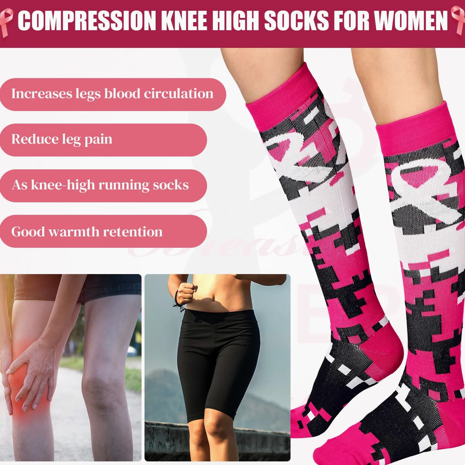 Xtinmee 36 pares de calcetines de compresión de camuflaje para el cáncer de mama con cinta rosa, calcetines atléticos sobre la pantorrilla, calcetines de fútbol para enfermeras, mujeres, correr,