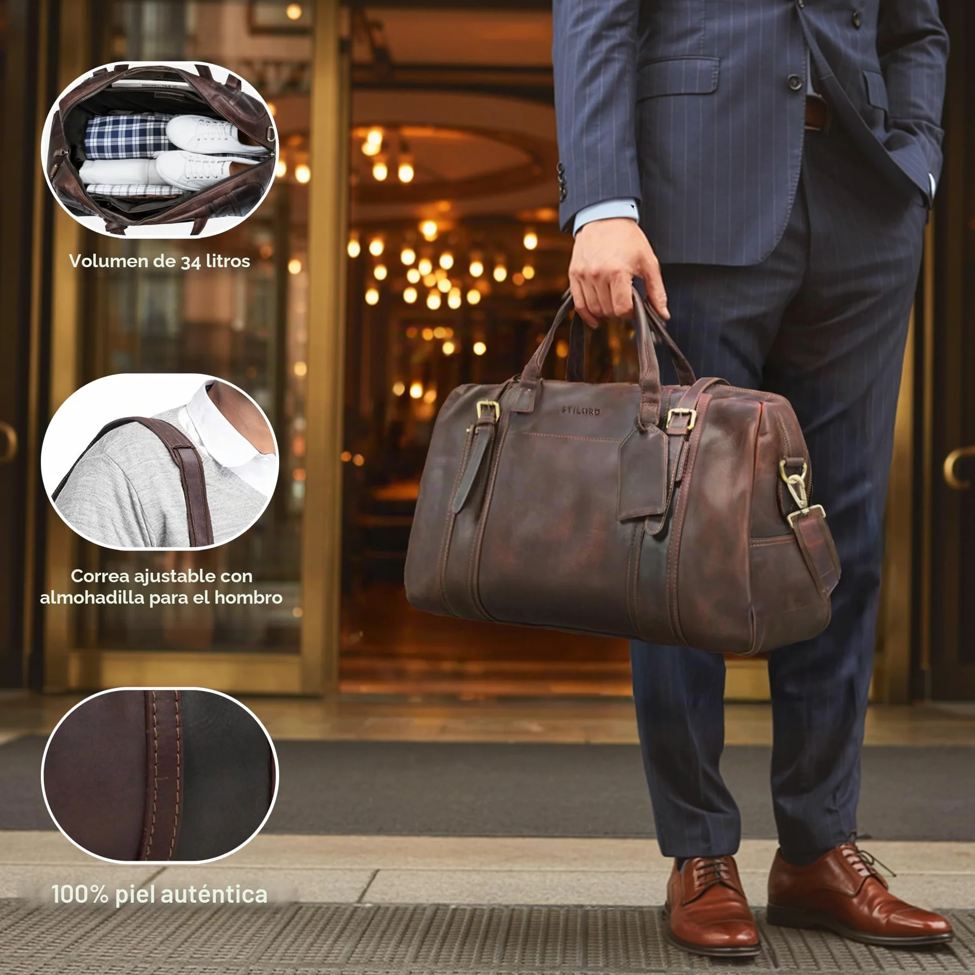 STILORD Vega Vintage Bolsa Viaje Piel Marrón Pequeño Bolso de Viaje Cuero Genuino Bolsa Fin de Semana Mujer Hombre Deporte Duffle Bag con Asa y Bandolera 34 L, 50x23x30