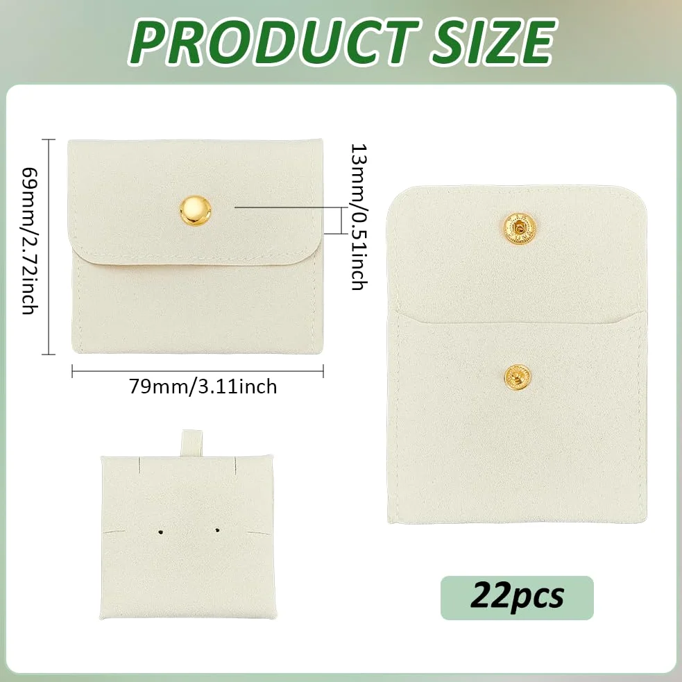 BENECREAT 22 bolsas de joyería beige con botón de latón, 2.7 x 3.1 x 0.5 pulgadas, bolsas de almacenamiento de joyas de microfibra, pequeñas bolsas de regalo para pulseras, collares, anillos, aretes