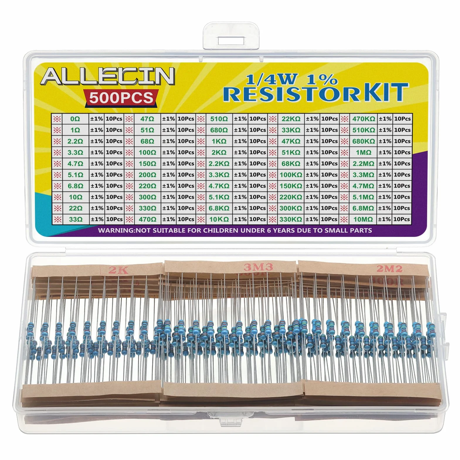 Kit de Resistencias de Película Metálica 1/4W 50 Valores 0 Ohmio a 10 M Ohmio 1% Tolerancia