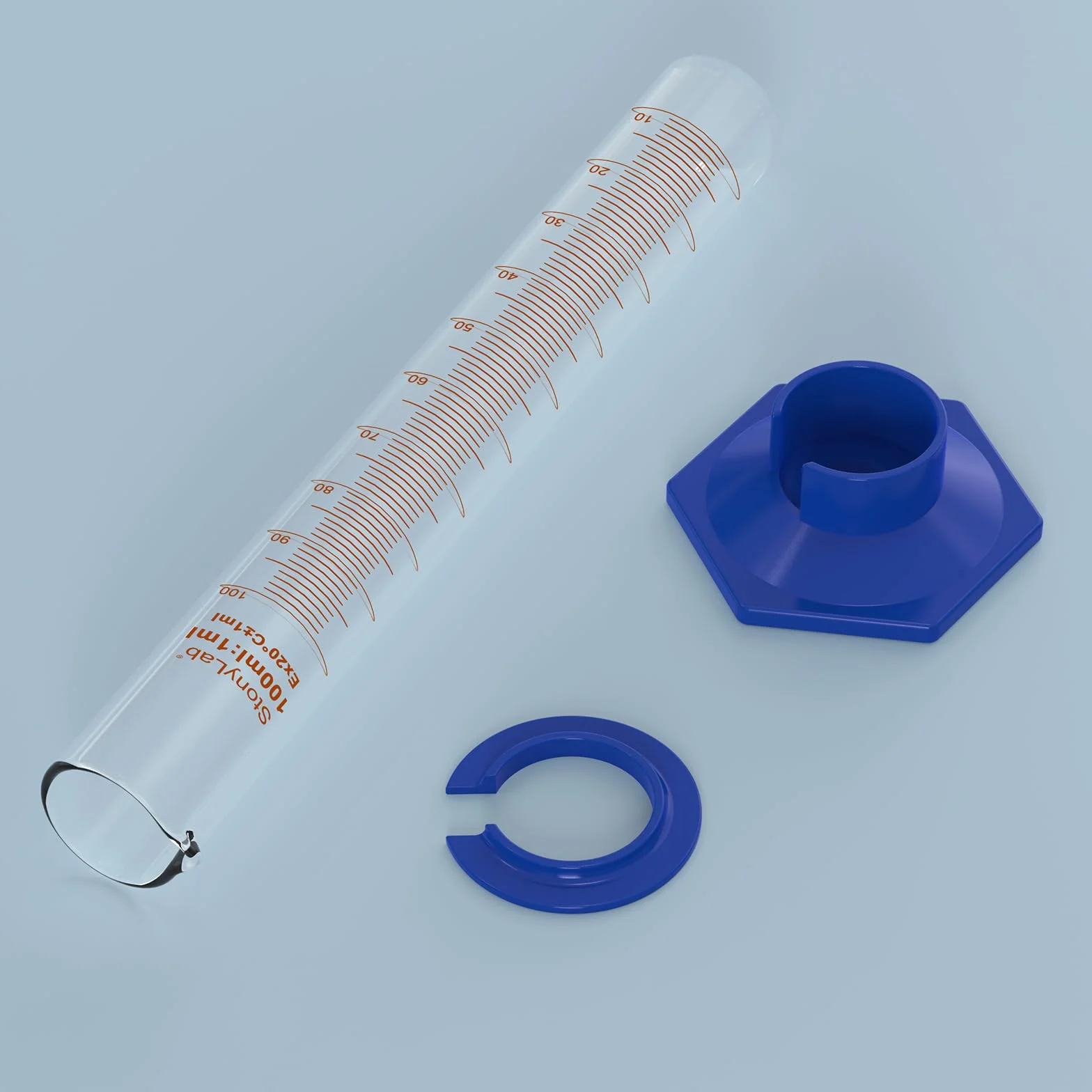 Cilindro Graduado de Vidrio Borosilicato 100 ml con Base Hexagonal de Plástico y Collar Protector para Laboratorio