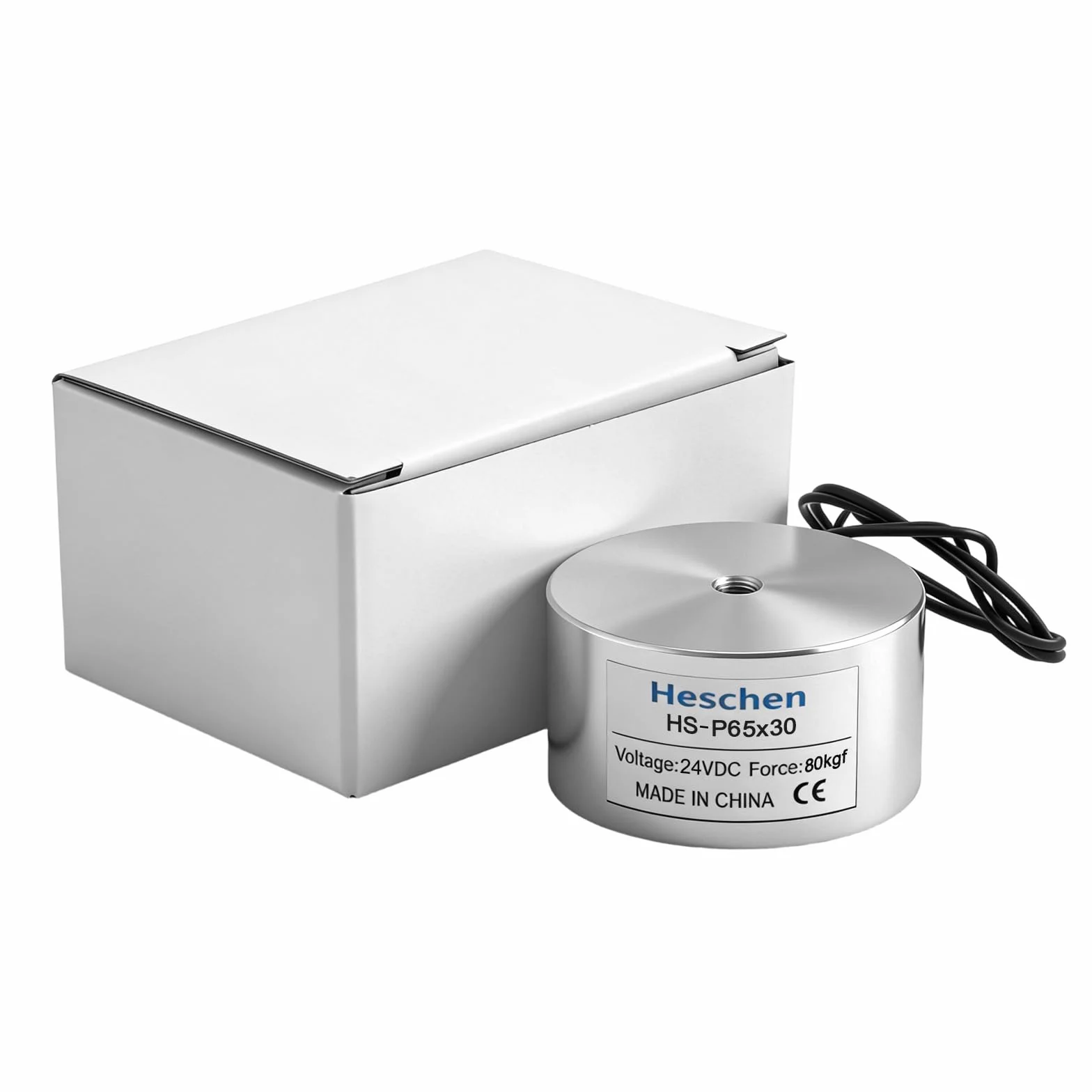 Heschen Electroimán P65/30 24V CC 80kg Atracción Plateado Cilíndrico