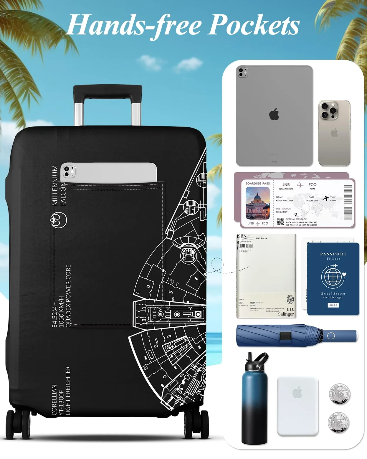 Slohif Funda de equipaje para maleta, aprobada por la TSA, funda de equipaje grande, funda elástica de viaje, funda protectora lavable de 22 a 32 pulgadas, Halcón Milenio, 74 cm/ 76 cm