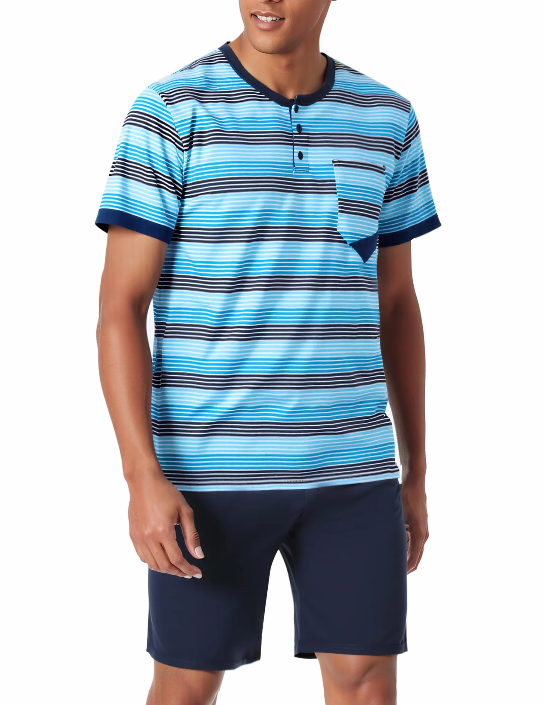 Pijamas Hombre Verano Algodón Conjunto de Pijama para Hombre Corto Ropa de Dormir de Rayas Manga Corta con Bolsillos 2 Piezas