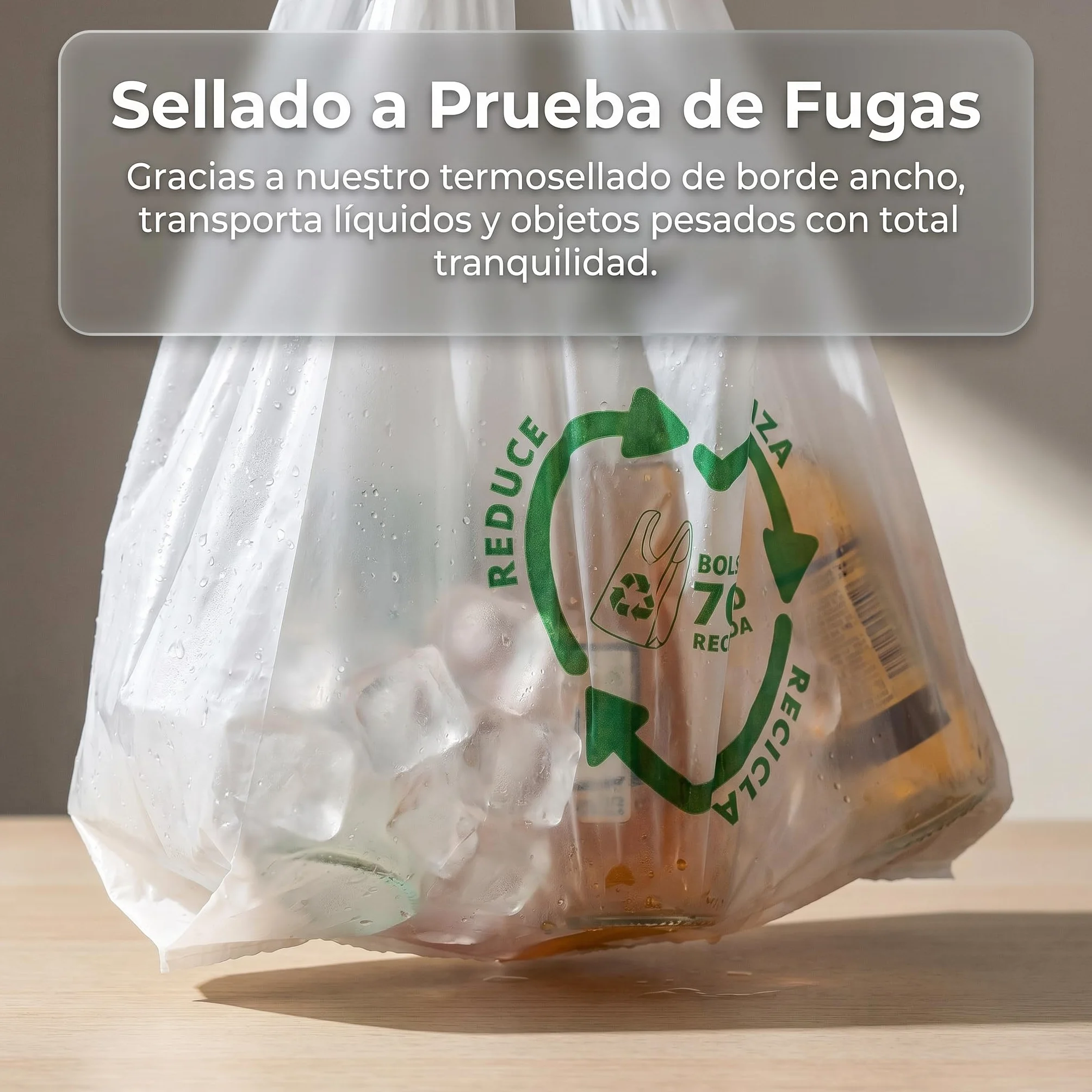 Bolsas de Plástico Asa Camiseta Blanco 50x60 cm 100 Unidades Reutilizables Resistentes 50 Micras 70% Reciclado Aptas Alimentación