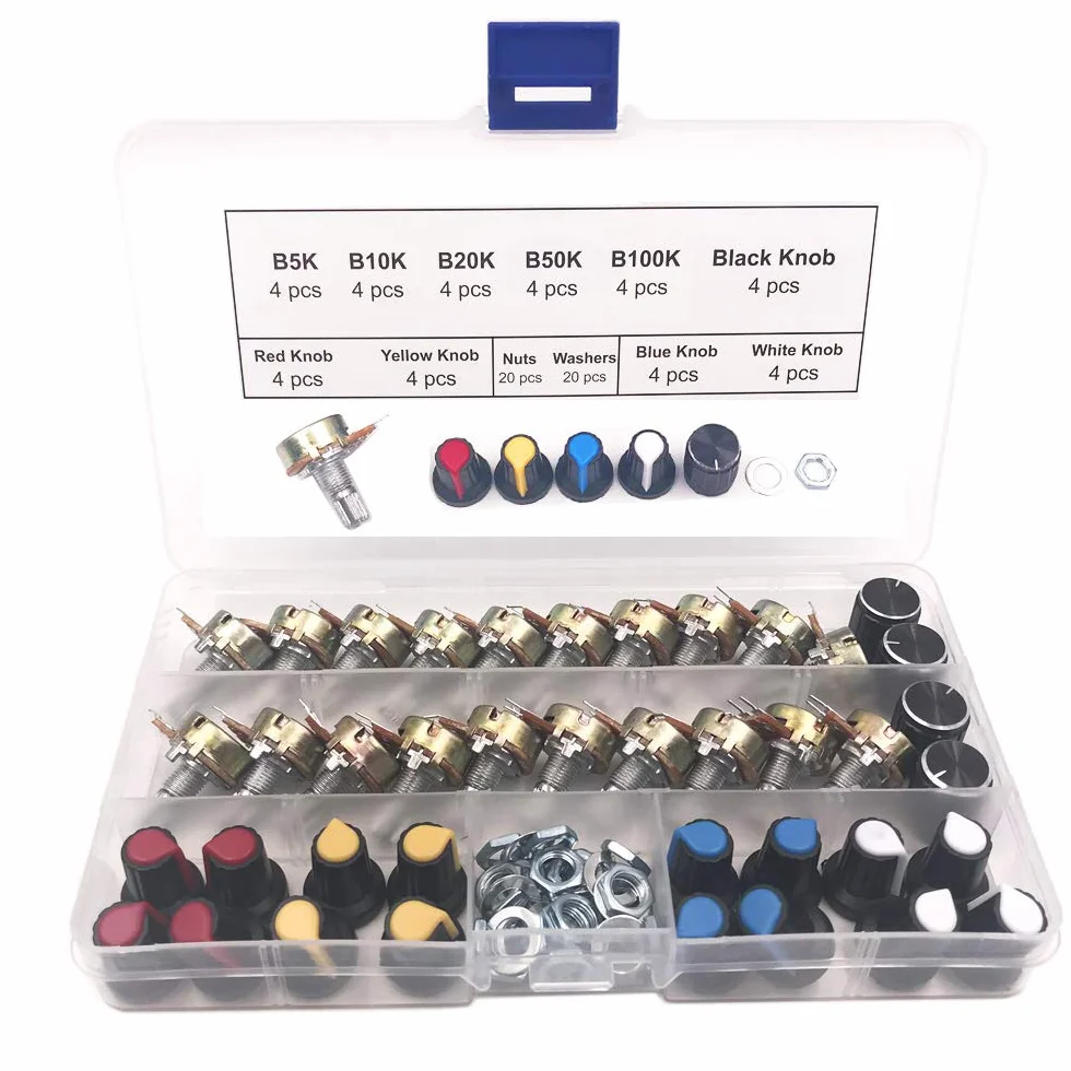 Potenciómetro B5K B10K B20K B50K B100K Ohm, Kit de Potenciómetros Lineal Cónico Rotativo, 3 Terminales B-Tipo Estéreo Audio con Perilla