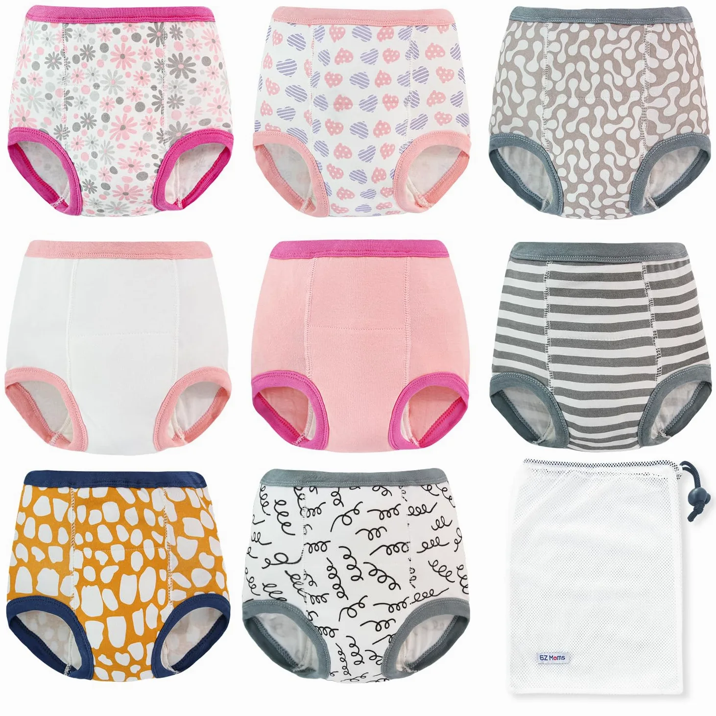 EZ Moms 8 paquetes de ropa interior de entrenamiento de cintura alta para niños, pantalones de entrenamiento suaves y reutilizables para niñas pequeñas, 1T-5T