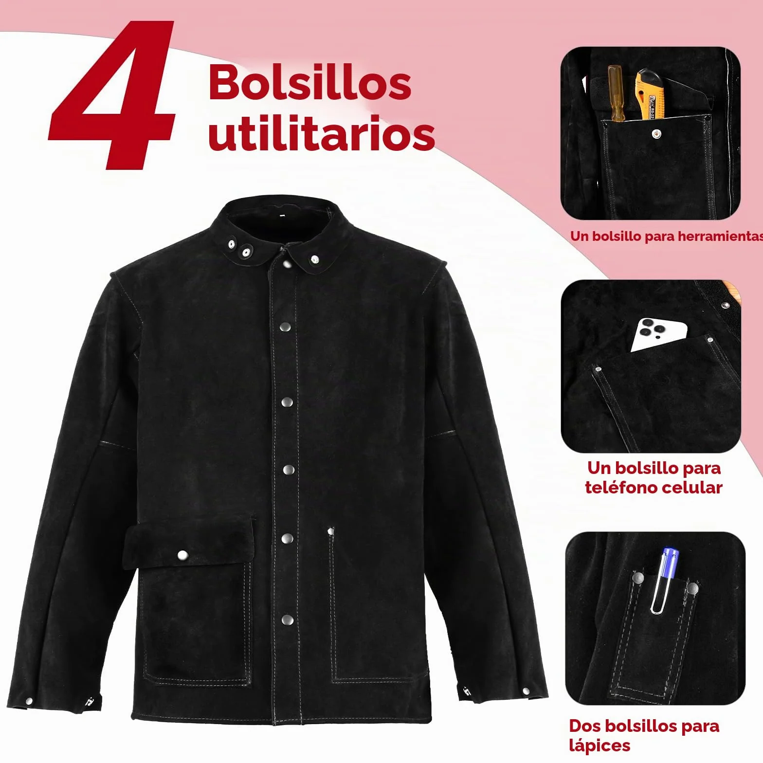 QeeLink Chaqueta de Soldadura de Cuero Hombre Resistente al Calor Heavy Duty Seguridad Soldador Ropa Trabajo Negro