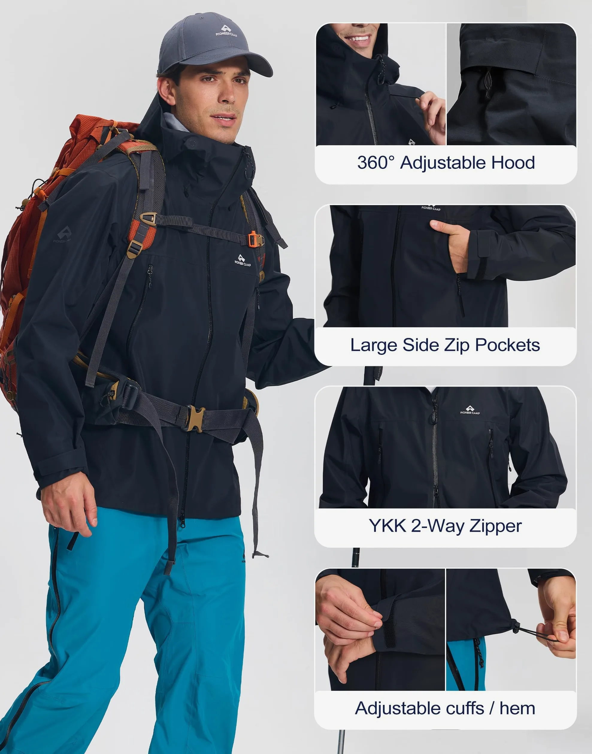 Pioneer Camp Chubasquero para hombre, 3 L, impermeable, transpirable, chaqueta para exteriores, para senderismo, trekking, escalada, esquí