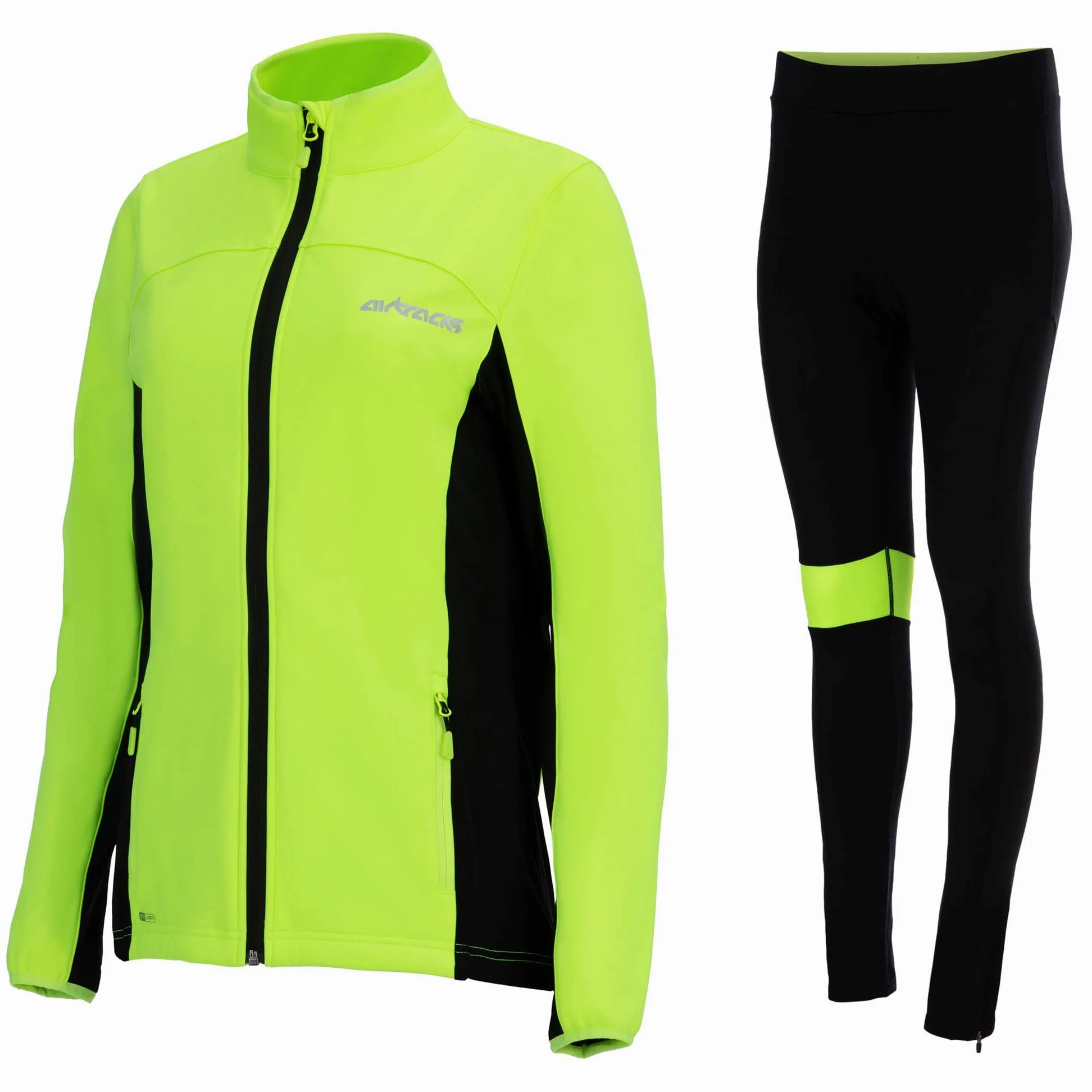 Airtracks Pro Line - Juego de ropa térmica de ciclismo para mujer, pantalón largo y chaqueta térmica Pro Line, resistente al viento, transpirable, reflectores, negro y neón., XXL