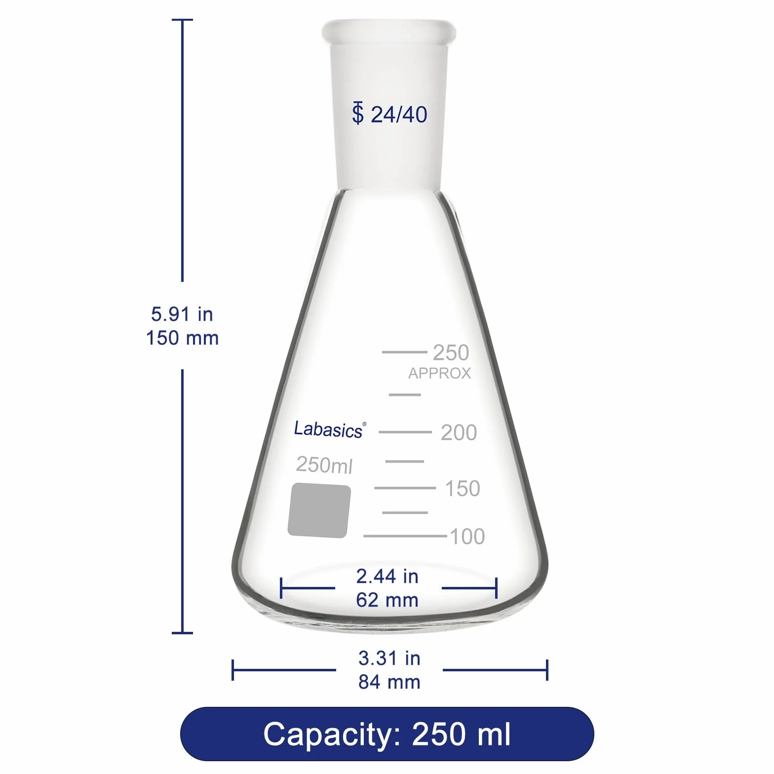 Labasics Vidrio 24/40 Erlenmeyer Matraz, Borosilicato Pared Gruesa, 250 ml