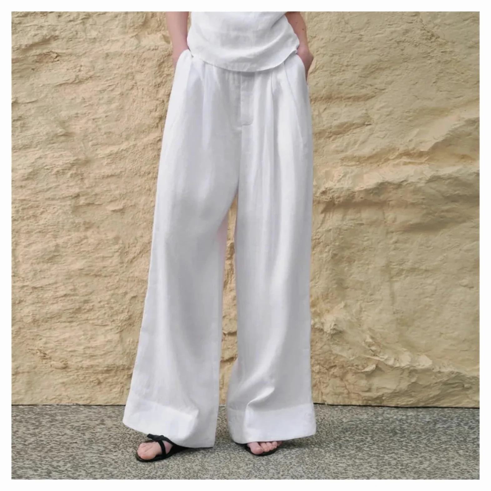 Pantalones Anchos de Lino Informales Sencillos for Mujer, Pantalones Verano Color Liso, Sueltos y Rectos, Ropa for