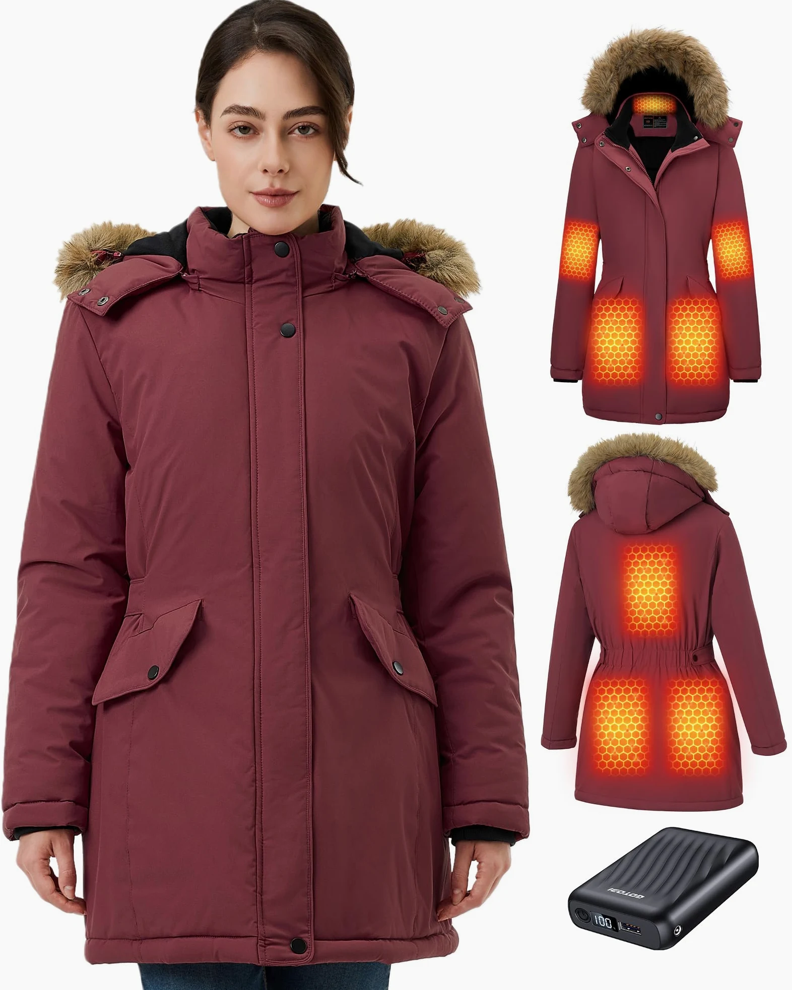 Chaqueta Calefactable Mujer Con Batería De 12V 18400 Mah, 8 Zonas De Calentamiento con 3 Niveles de Temperatura, Chaqueta Cortaviento y Cálido de invierno con Capucha de ExtraíBle,Rojo,S