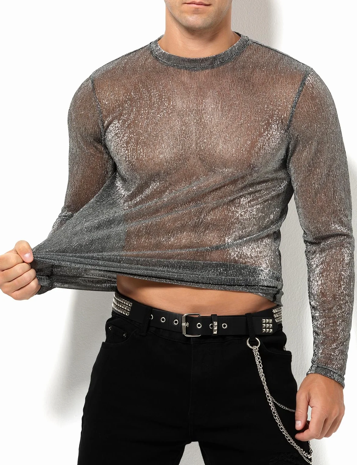 Casey Kevin Camiseta Transparentes Manga Larga Hombre Brillo Lentejuelas Rejilla Camisa Fiesta Plateada Brillante Ropa Sexy Top Fiesta Discoteca Punk Nocturno Jazz Rock Hip Hop Dance Clubwear