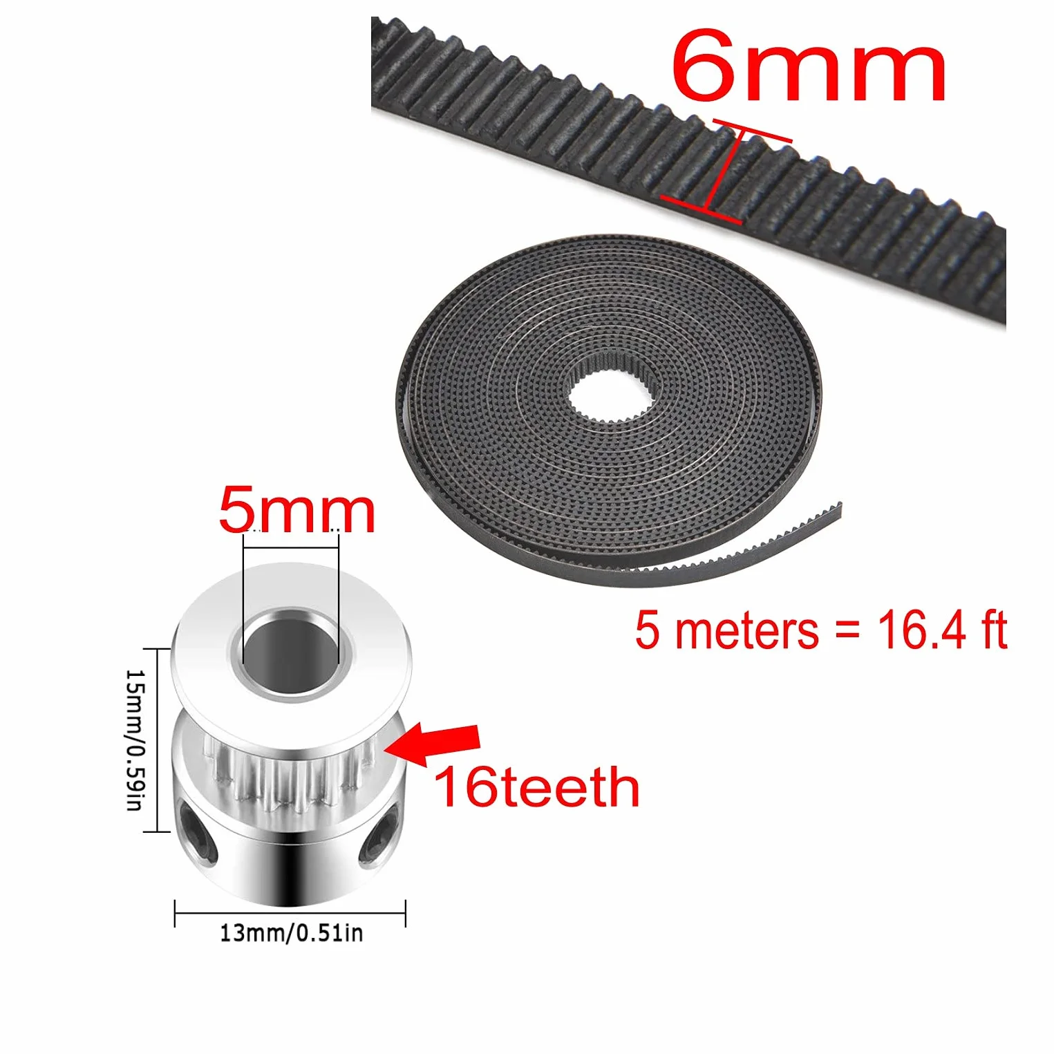 Correa de distribución GT2 6mm x 5m con polea 16 dientes 5mm para impresora 3D