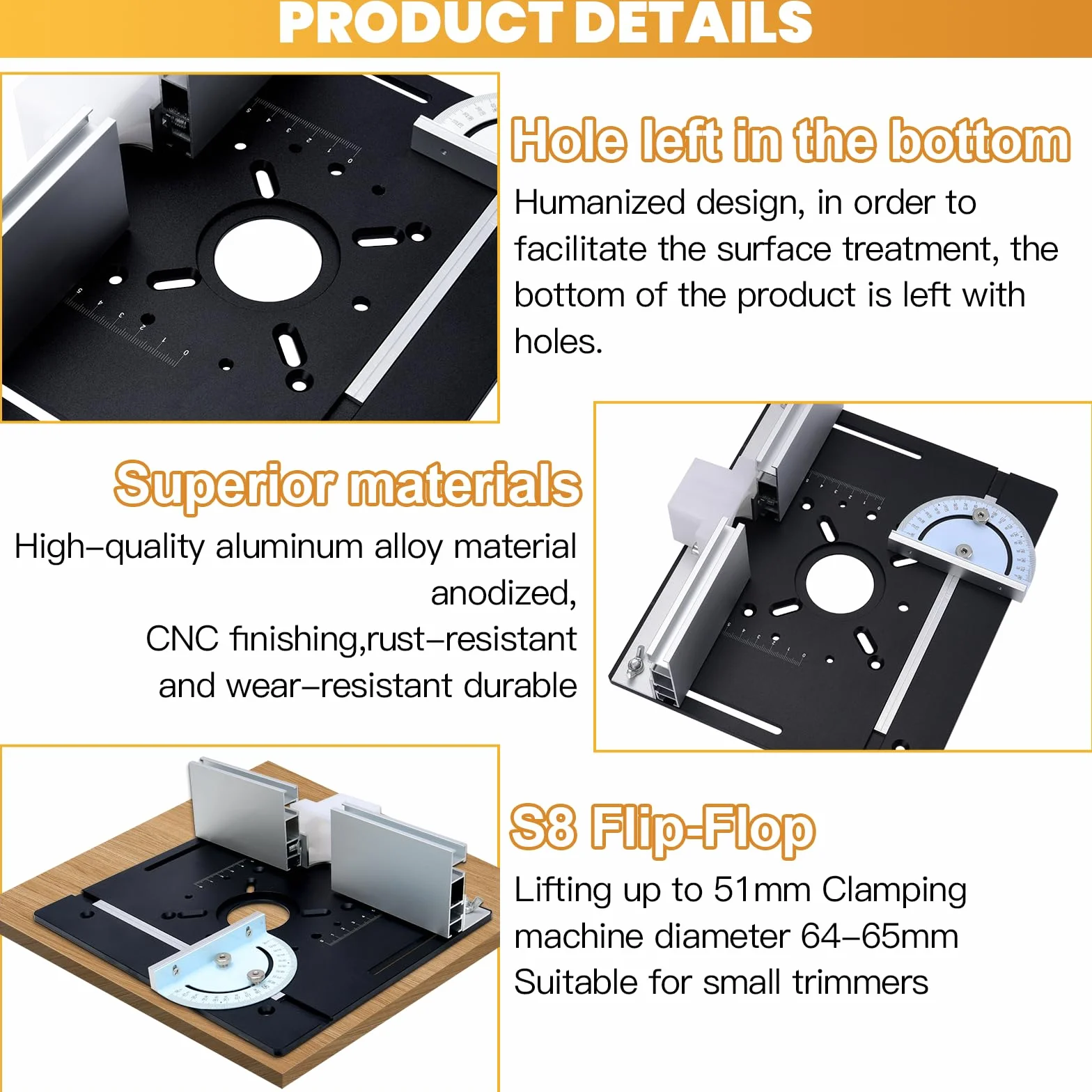 Placa de Inserción de Aluminio para Mesa de Fresadora con Guía Trasera y Regla de Ángulo, Negra