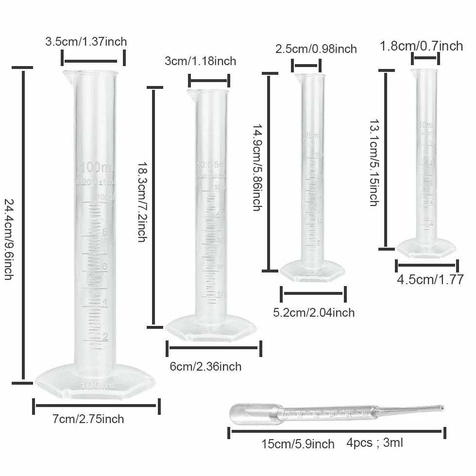 Probetas Graduadas 10ml 25ml 50ml 100ml Cilindros Graduados Plástico Laboratorio + Pipetas 3ml