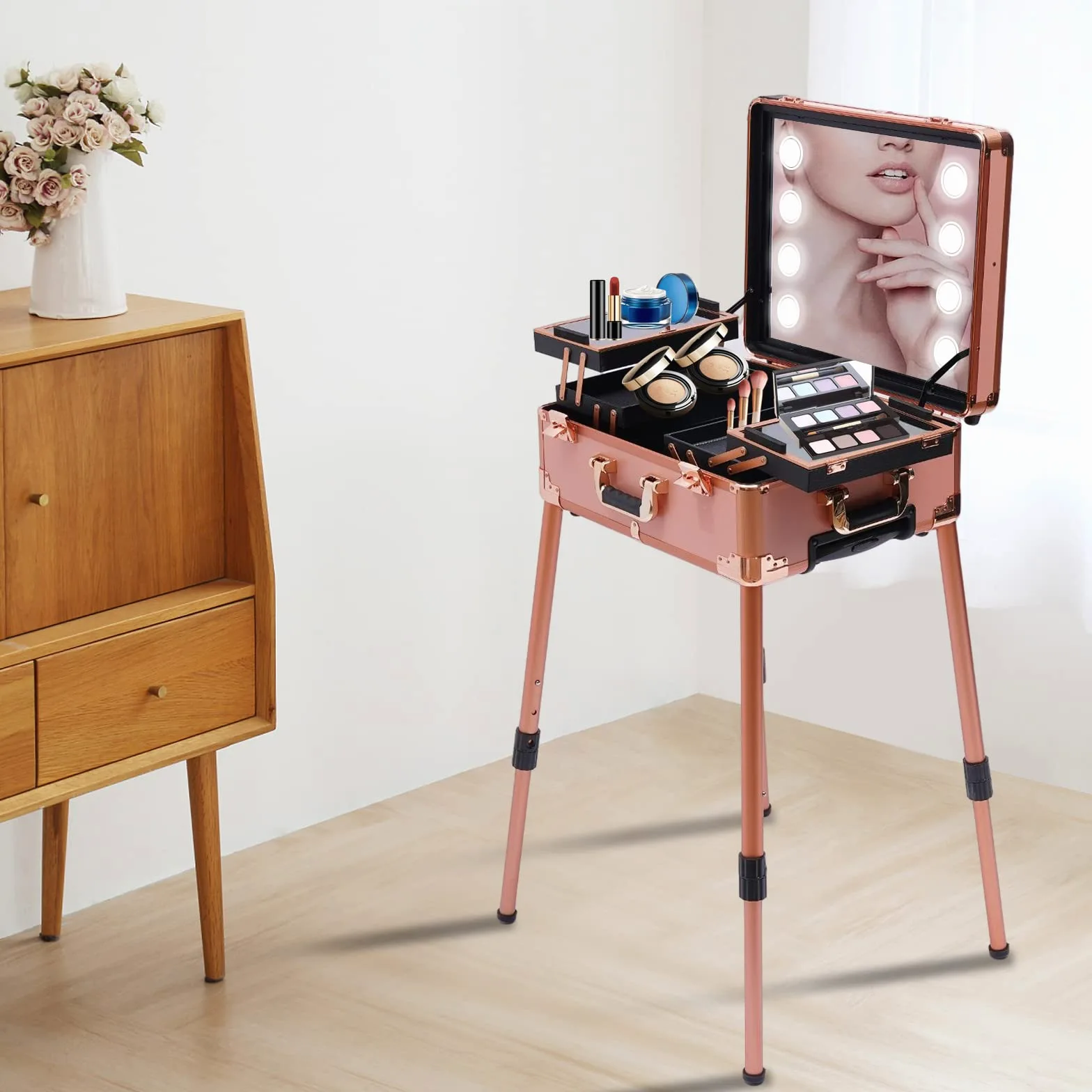 Maletín de maquillaje con ruedas, con espejo, 4 ruedas, estación de maquillaje, neceser de peluquería, organizador de maquillaje, carrito de maquillaje