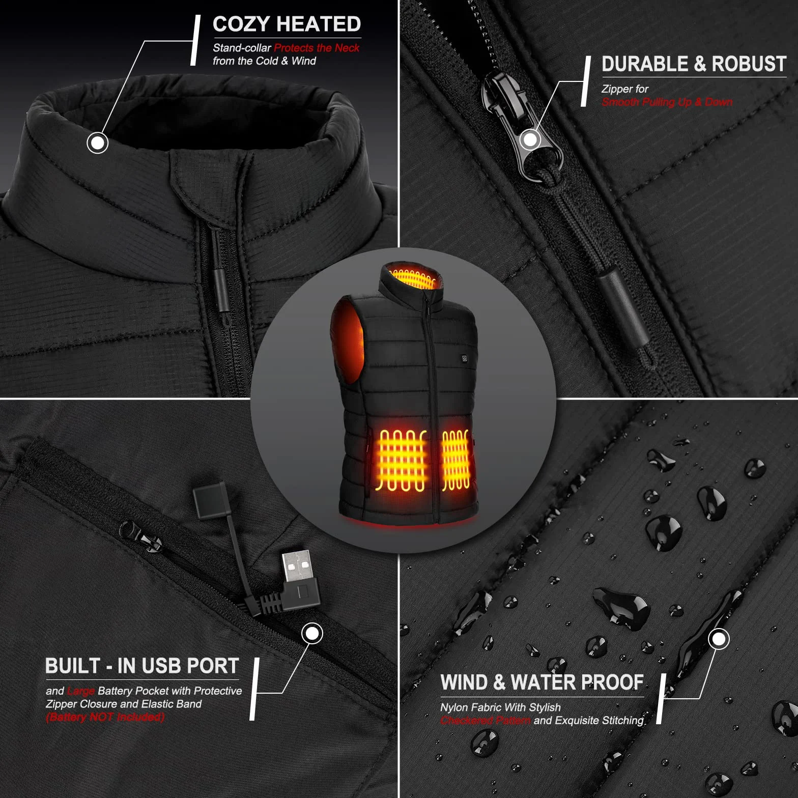 AGUG Chaleco Calentador, Chaleco Calefactable Eléctrico 3 Niveles de Temperatura Chaleco Térmico para Mujer/Hombre Chaqueta Calefactable Ideal para Moto Senderismo Caza Esquí Camping (Batería No)