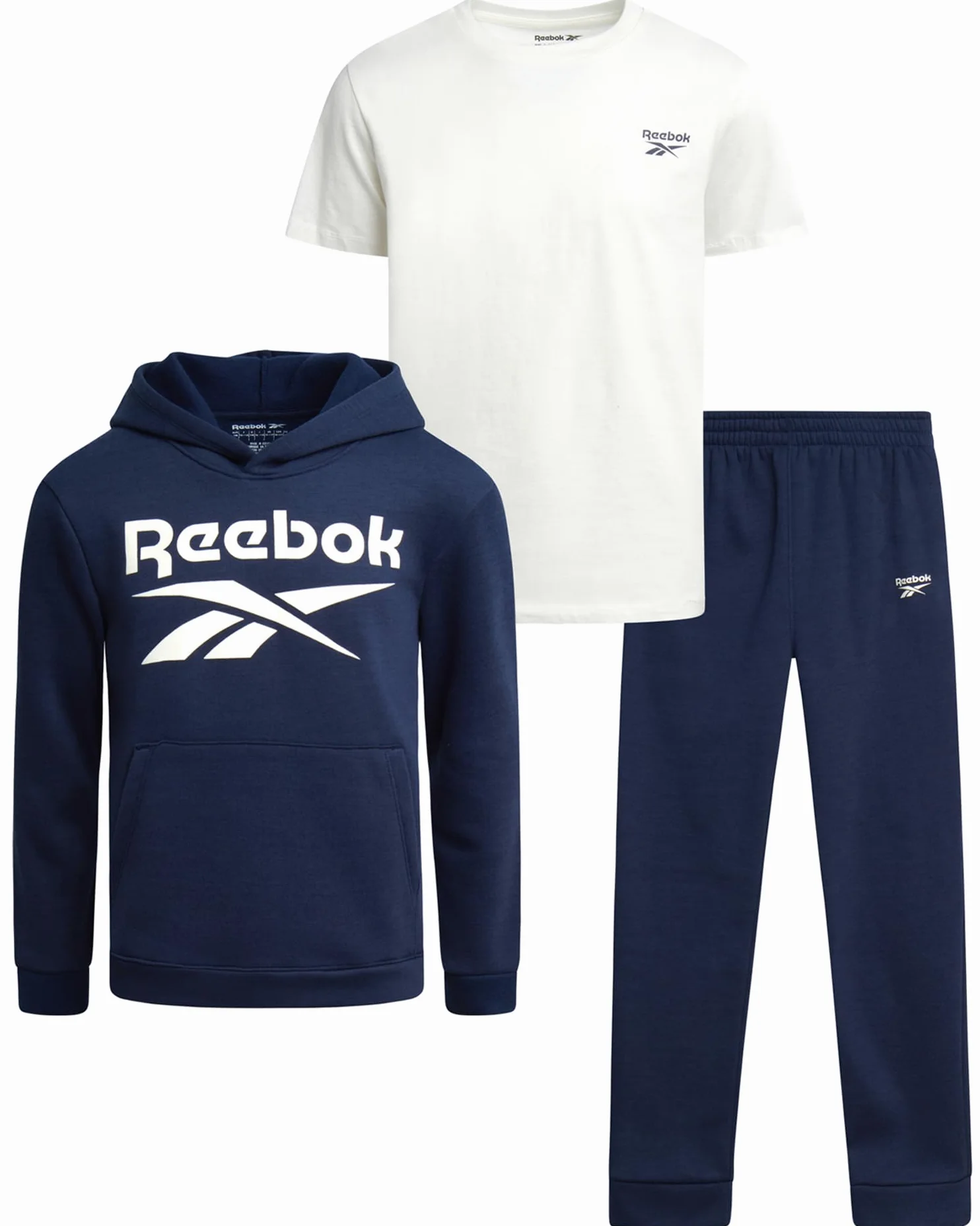 Reebok Conjunto deportivo de 3 piezas para niños, sudadera con capucha, pantalones deportivos y camiseta para niños (8-14)