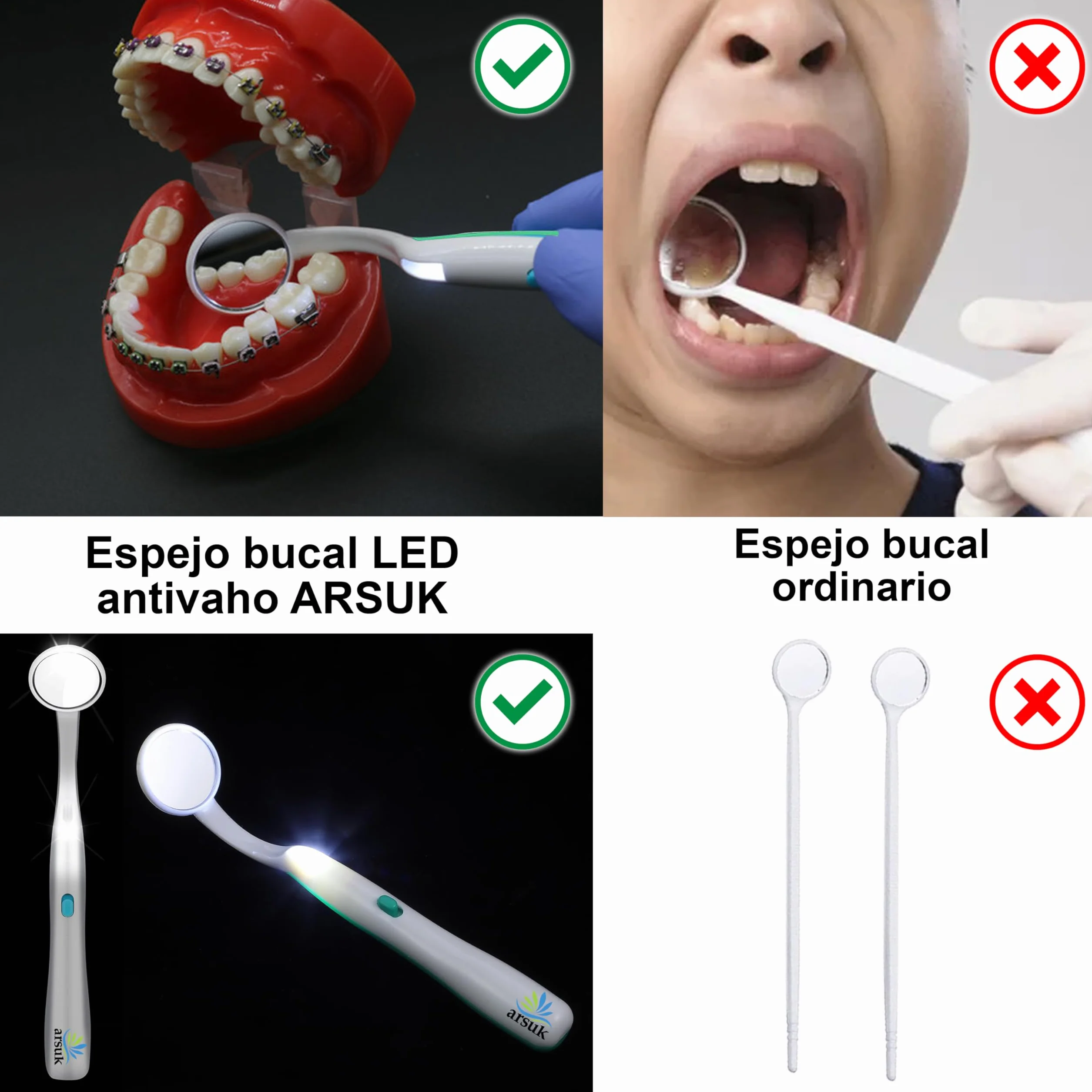 ARSUK Espejo dental LED antivaho 15 cm para inspección bucal, paquete de 2