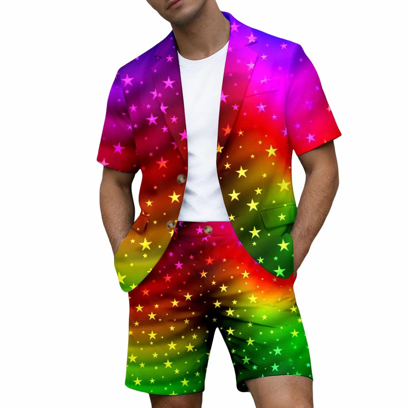 Conjunto chaqueta de traje manga corta hombre estampado arco iris 2 piezas pantalones cortos para playa orgullo gay