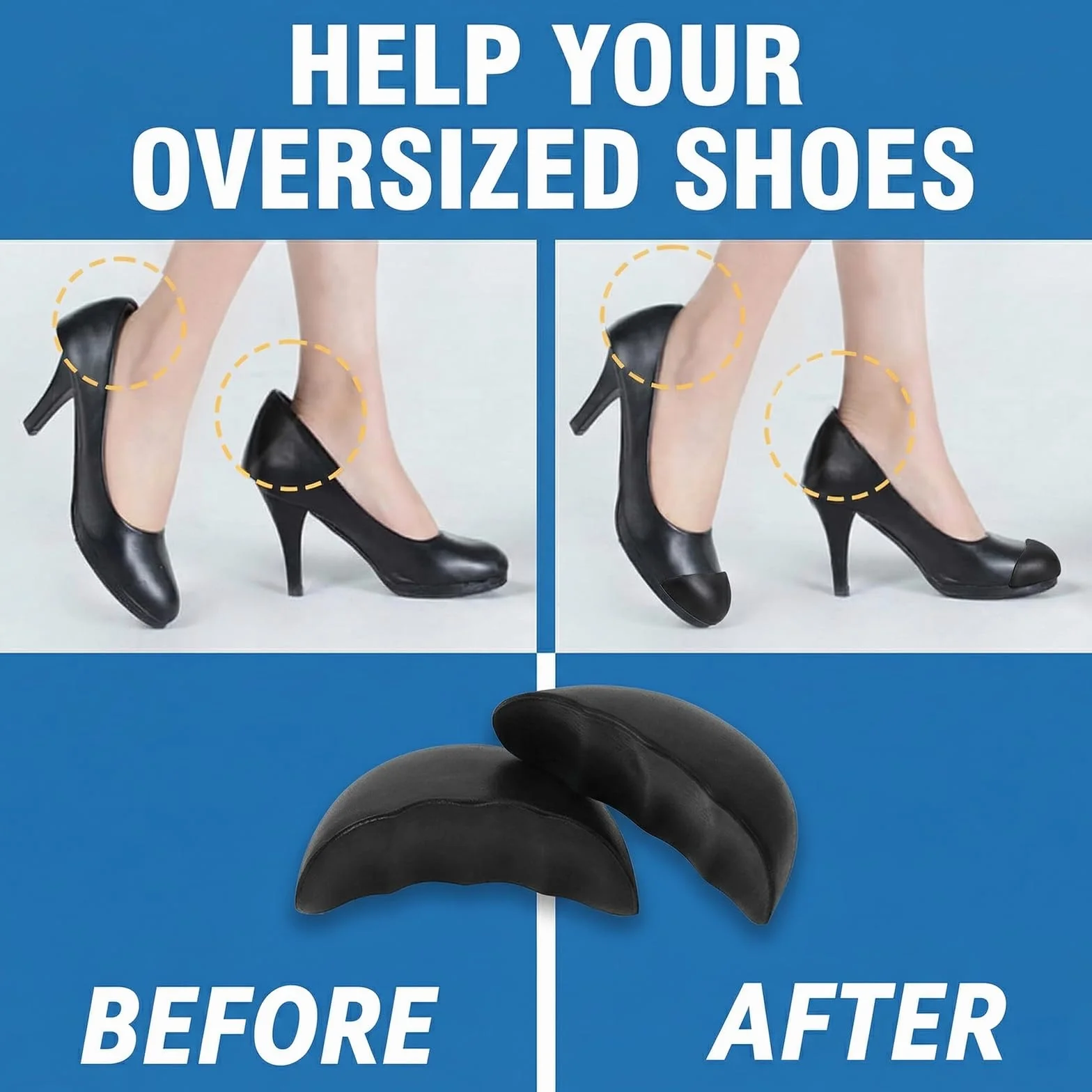 Pack de 2 Pares de Relleno para Zapatos Grandes, Ajustador de Talla de Calzado Reutilizable, Almohadillas Suaves para Puntera de Calzado Holgado, Talla M, Negro