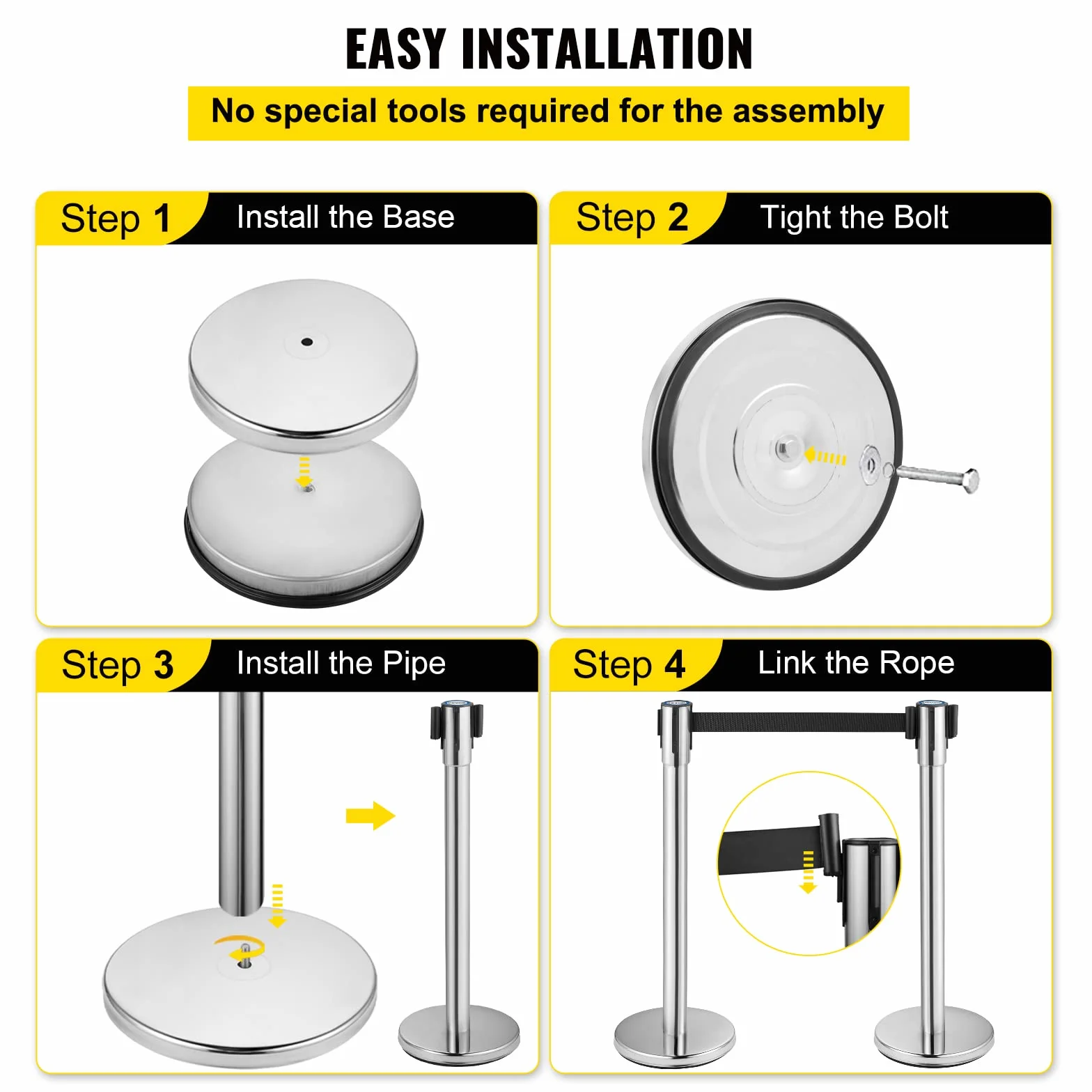 VEVOR Poste Separador con Cinta Extensible 2 m, Altura 90 cm, Base 32 cm, Negro, 2 Piezas