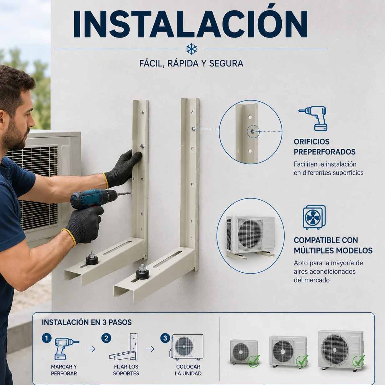 Juego de Soporte Exterior para Unidad de Aire Acondicionado 500x450x55x1,5 mm Estructura Soldada Pack Antivibradores