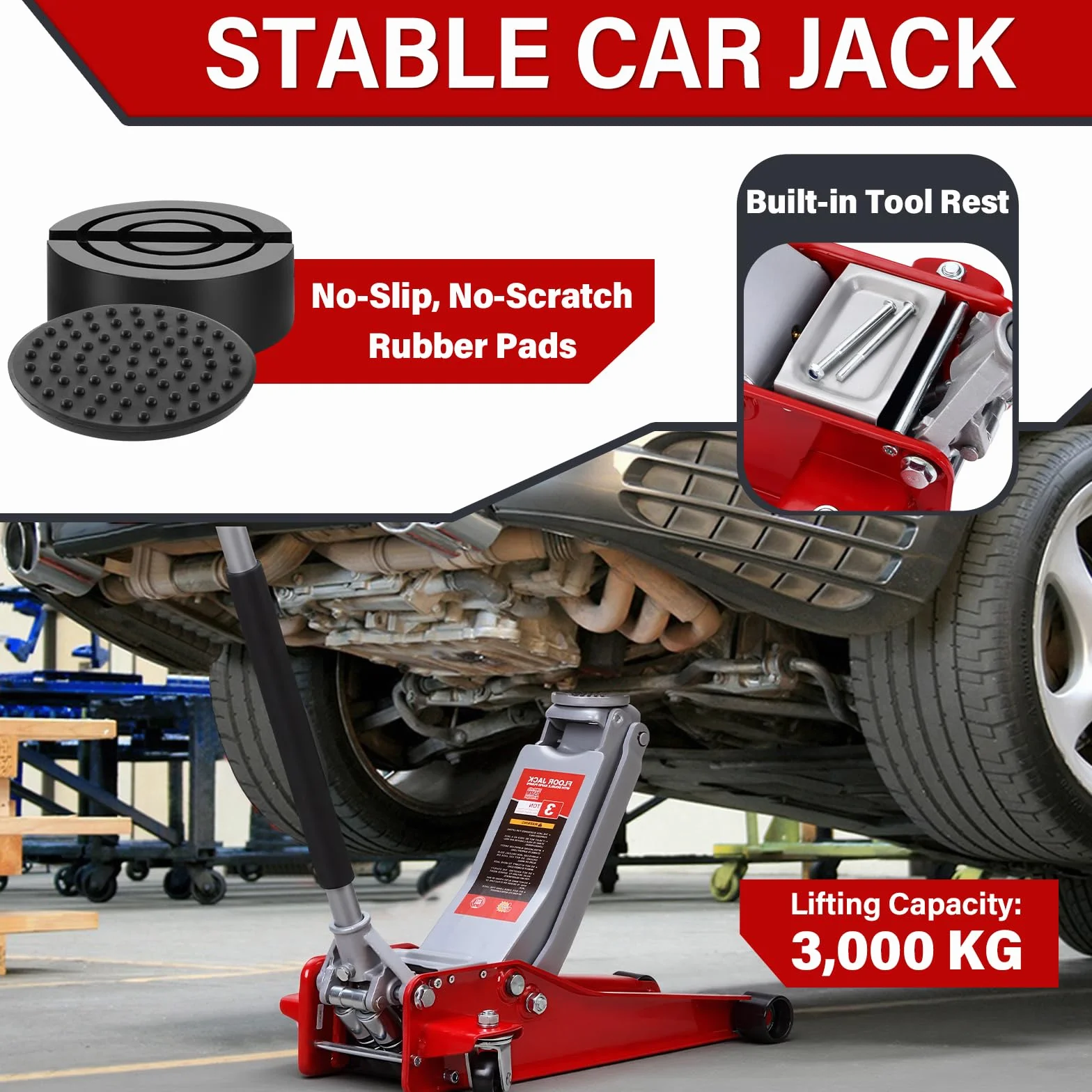 TEENO Gato Hidraulico 3T 75-500 mm Pistón Doble Bajo Ruedas 360° para Coche
