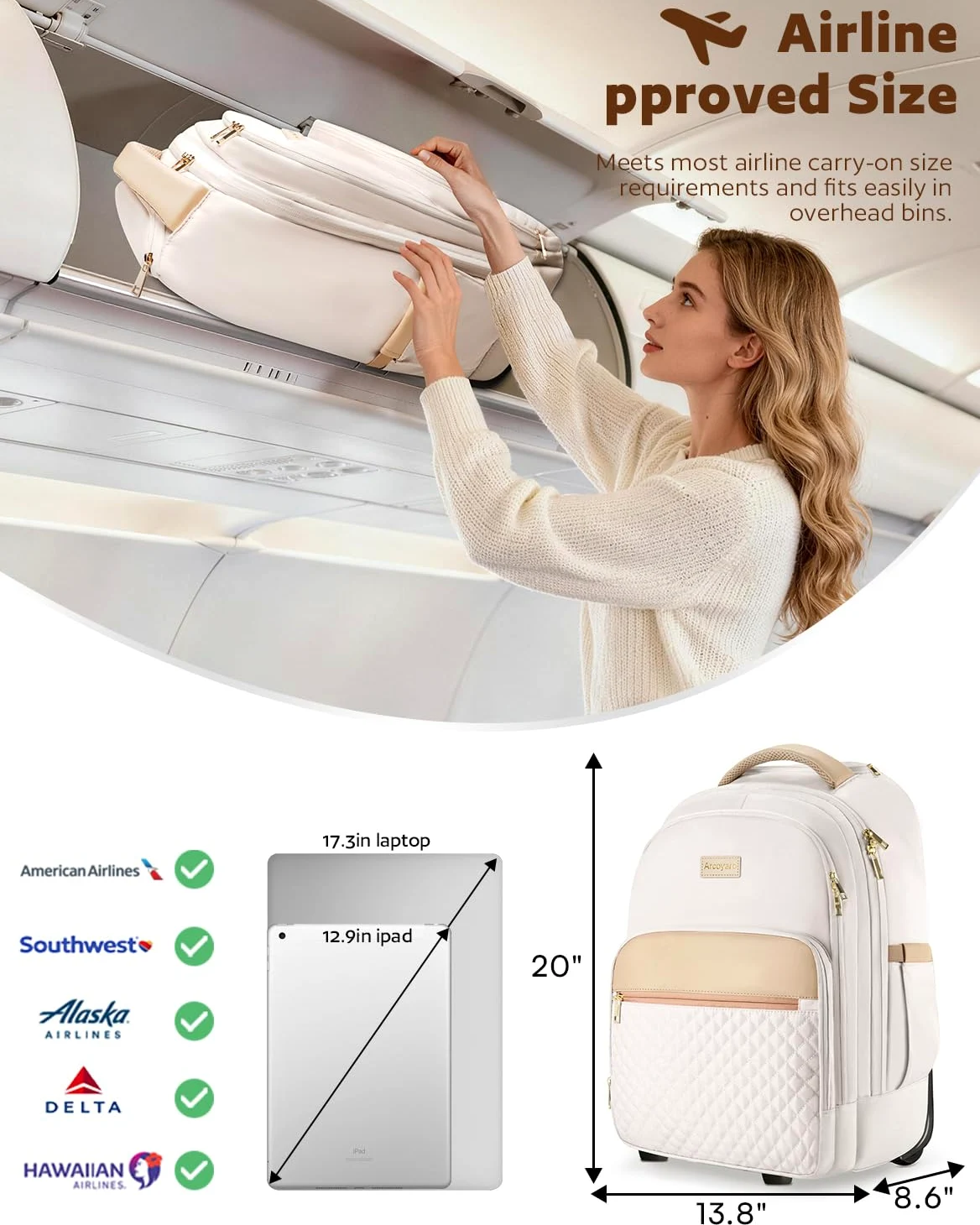 Arcoyard Mochila con ruedas para adultos, mochila con ruedas para mujer, mochila de viaje con ruedas