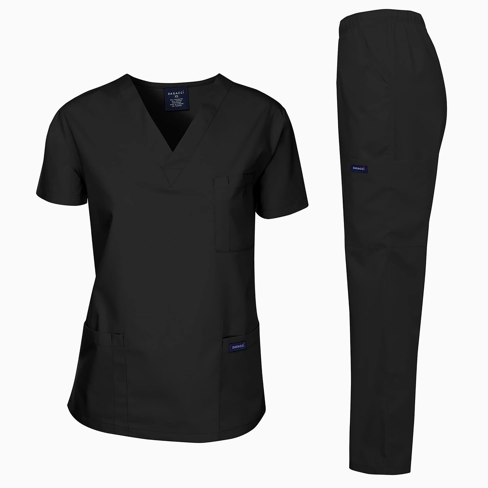 Dagacci - Conjunto de uniforme médico para mujeres y hombres, camiseta y pantalones, color negro, talla L