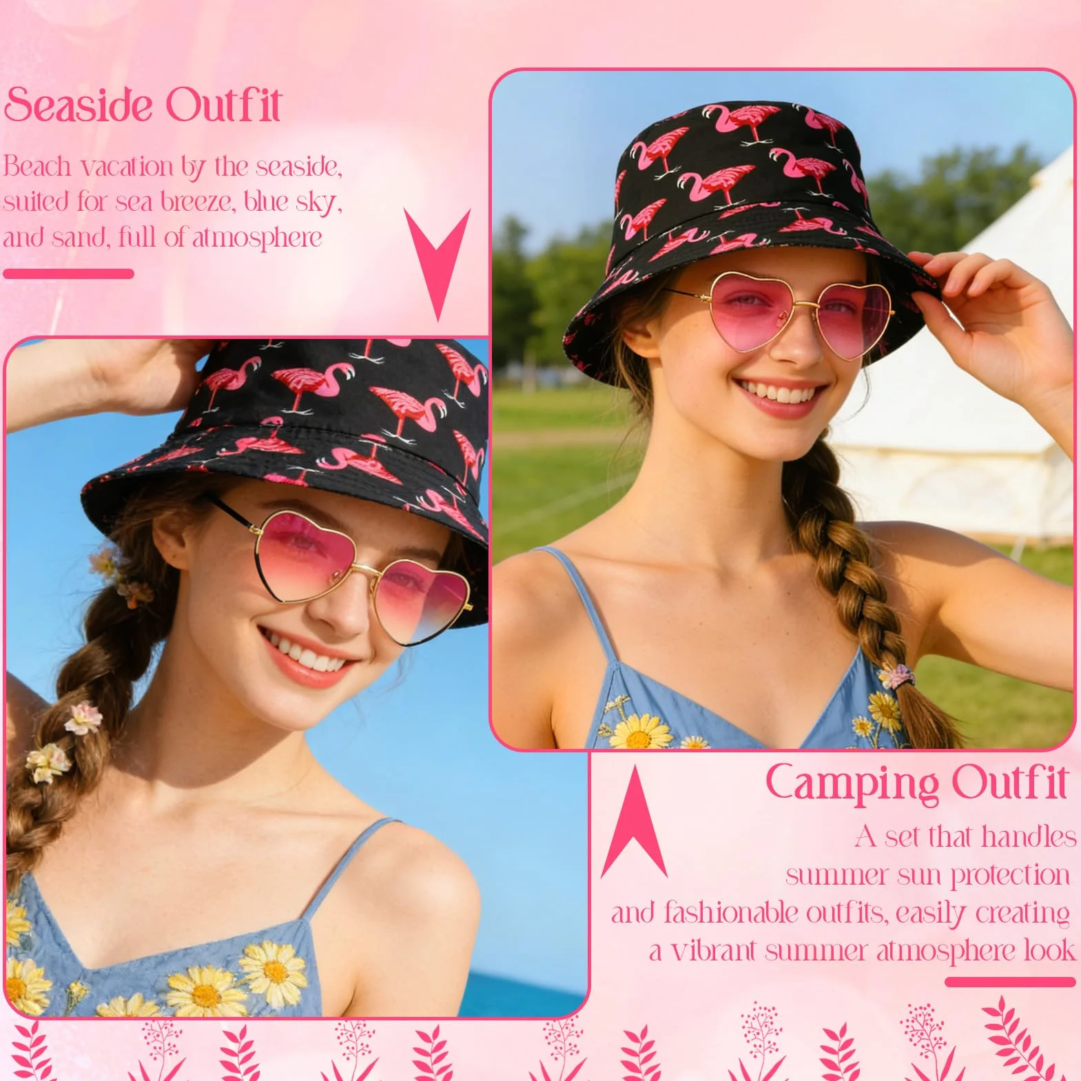 Sombrero de Pescador Flamenco, Sombrero del Pescador Mujer con Gafas de Sol Corazón, Sombreros para El Sol de Pesca, Protección UV Sombreros, Ropa y Accesorios De Moda