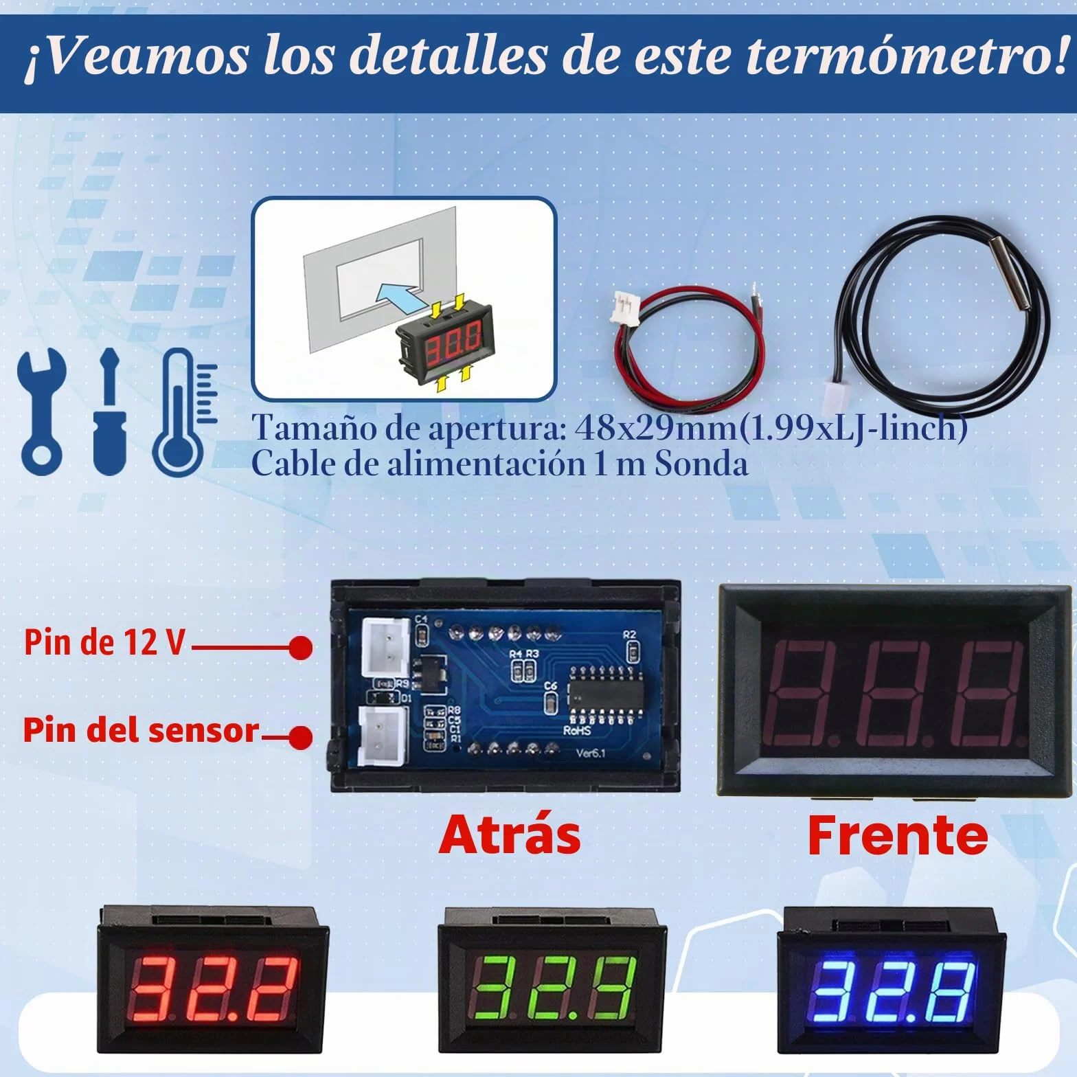 Termómetro Digital 12V con Sonda LED para Congelador Refrigerador Acuario, Azul