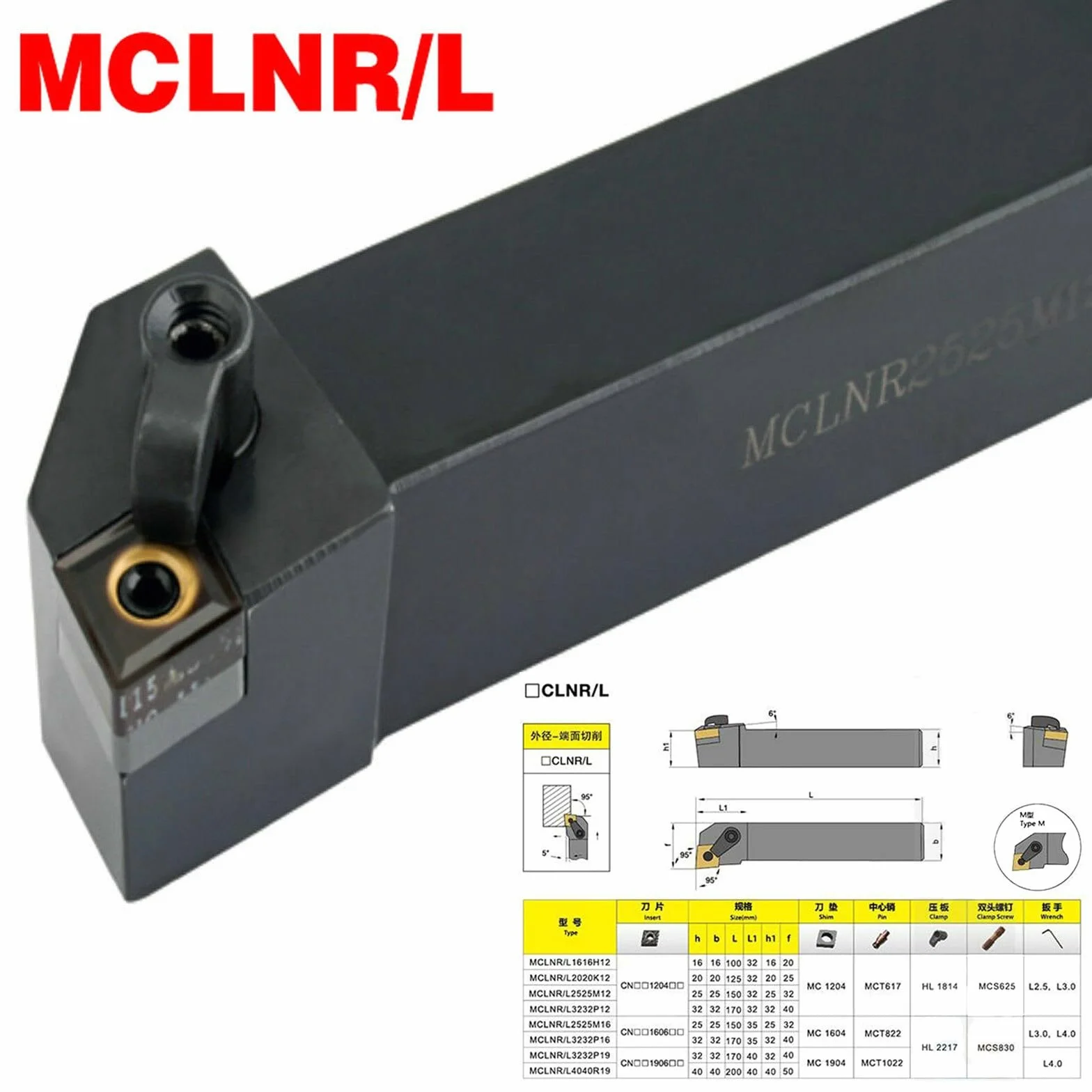 Soporte externo para herramientas de torneado MCLNR2020K12 20 x 20 x 125 mm para CNMG1204