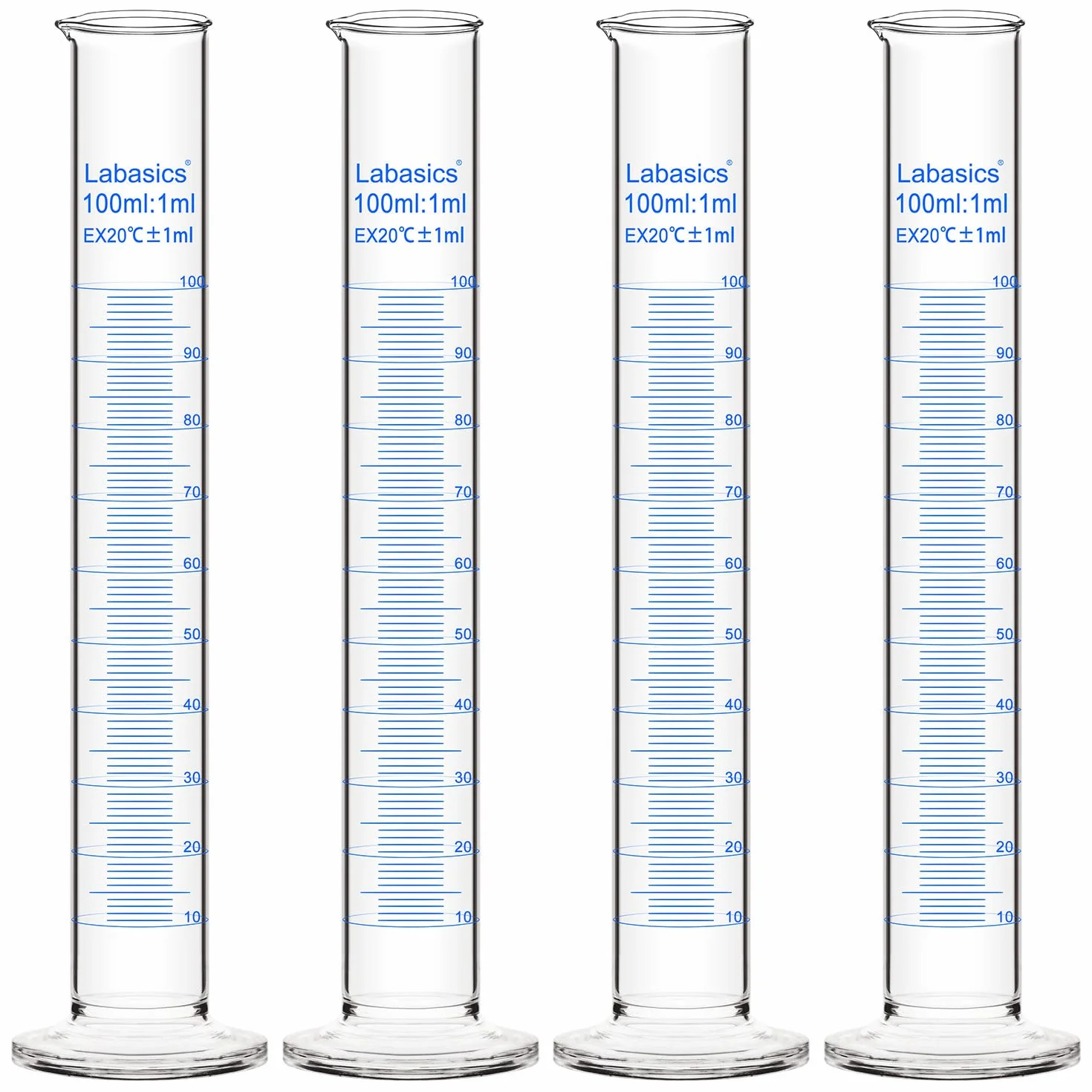 Labasics 4-Pack Vidrio de Borosilicato 100 ml Cilindro Graduado de Medición Pared Gruesa