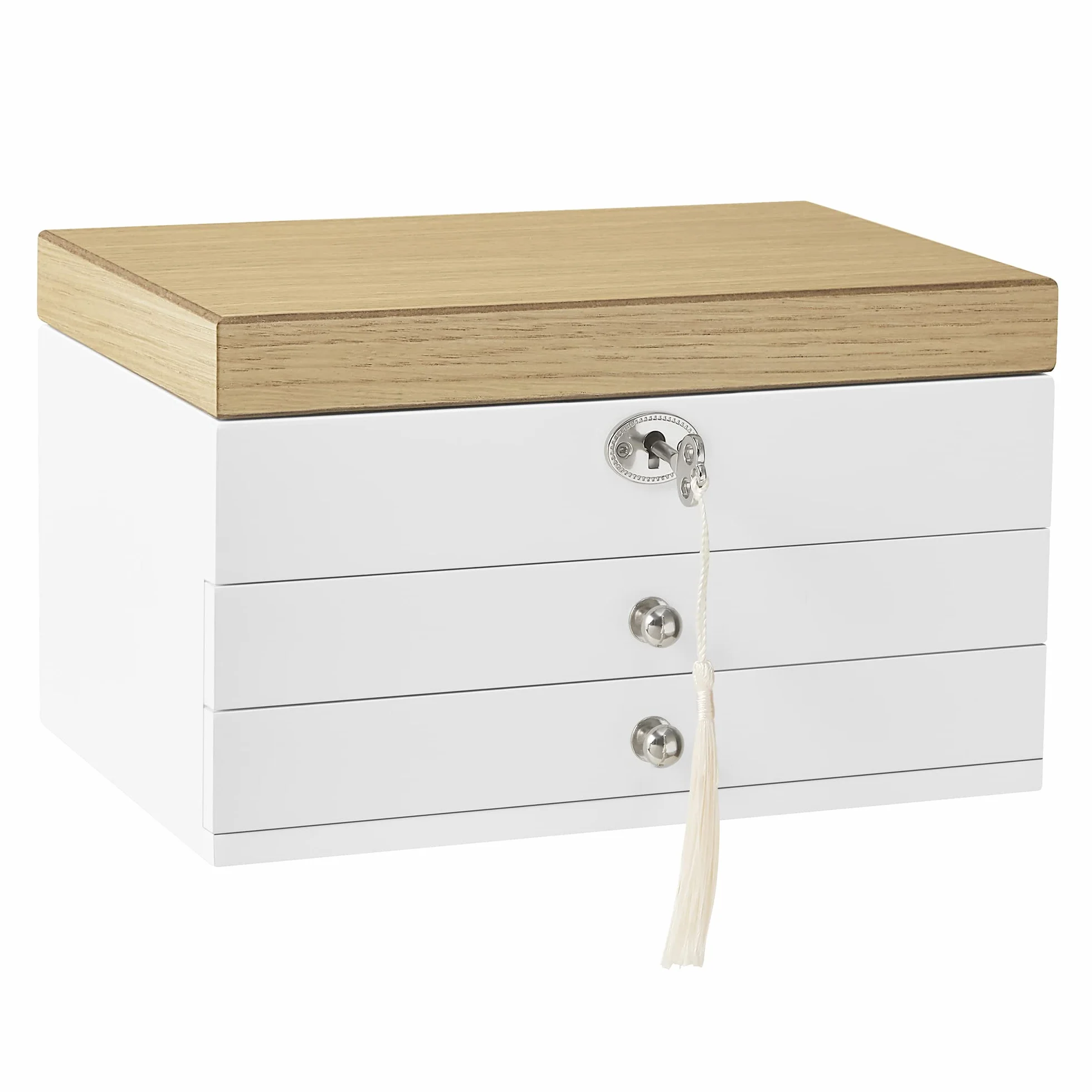 SONGMICS Caja Joyero, Caja de Joyas de 3 Niveles con Espejo Grande, 2 Cajones, Cerradura, Regalo para Seres Queridos, para Anillos, Pendientes, Pulseras, Collares, Blanco y Grano de Madera JOW15WN