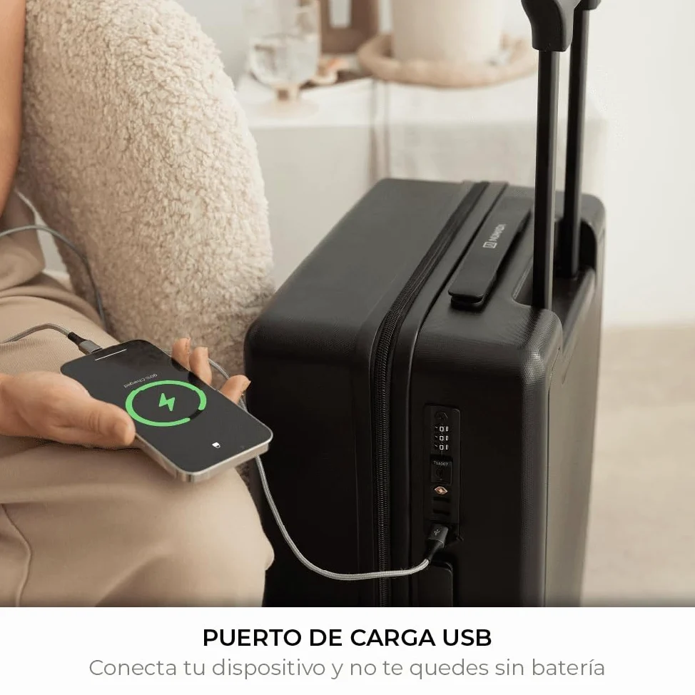 NUMADA - Maleta de Viaje Cabina PC + ABS (56x37,5x22cm) PackPro T40 con Cierre TSA y Carga USB. Maleta de Mano Rígida con 4 Ruedas 360, Extra de Refuerzo y Múltiples Compartimentos Interiores | Negro