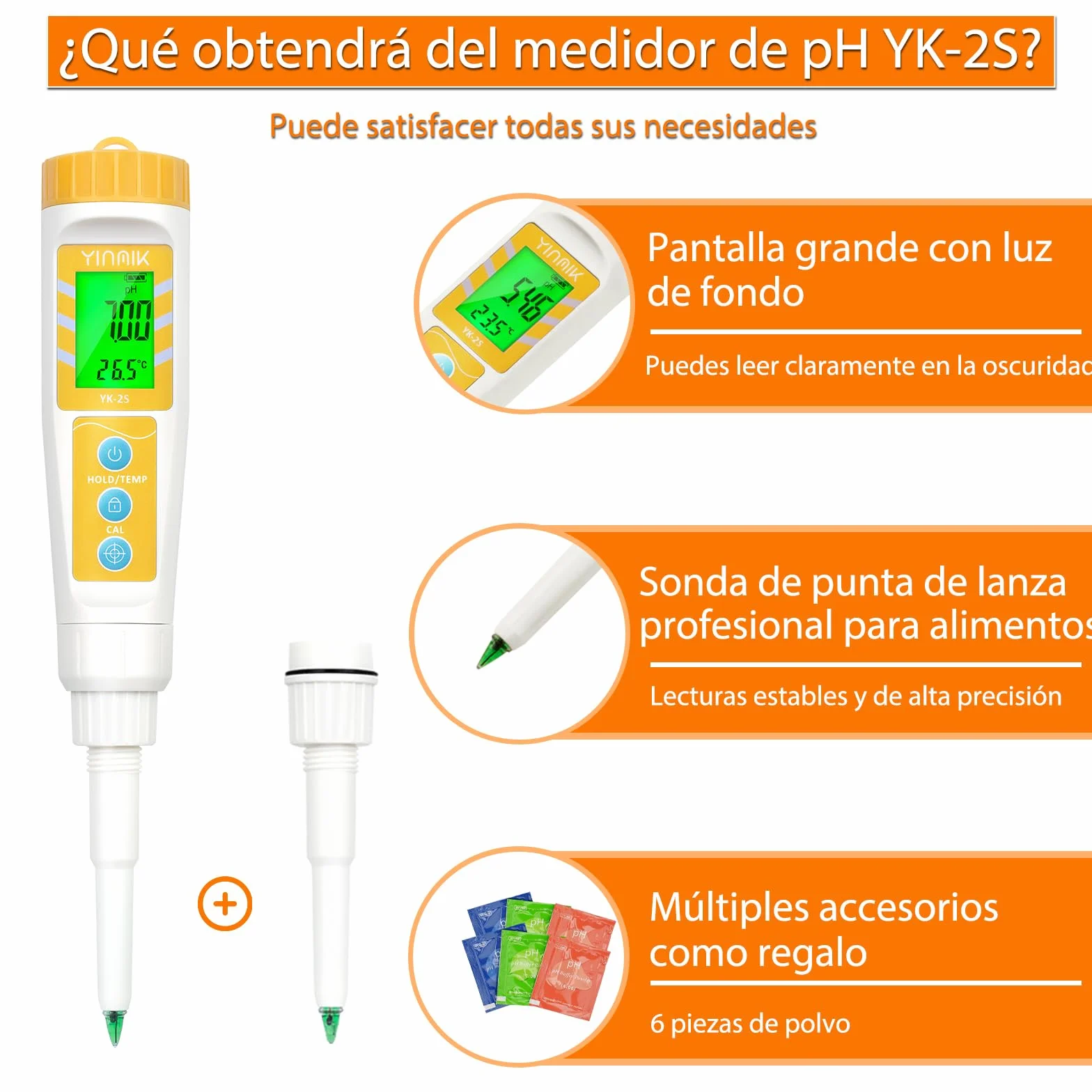 YINMIK Medidor de pH de Alimentos con Sonda Reemplazable, Probador Digital para Masa, Pan, Carne, Queso