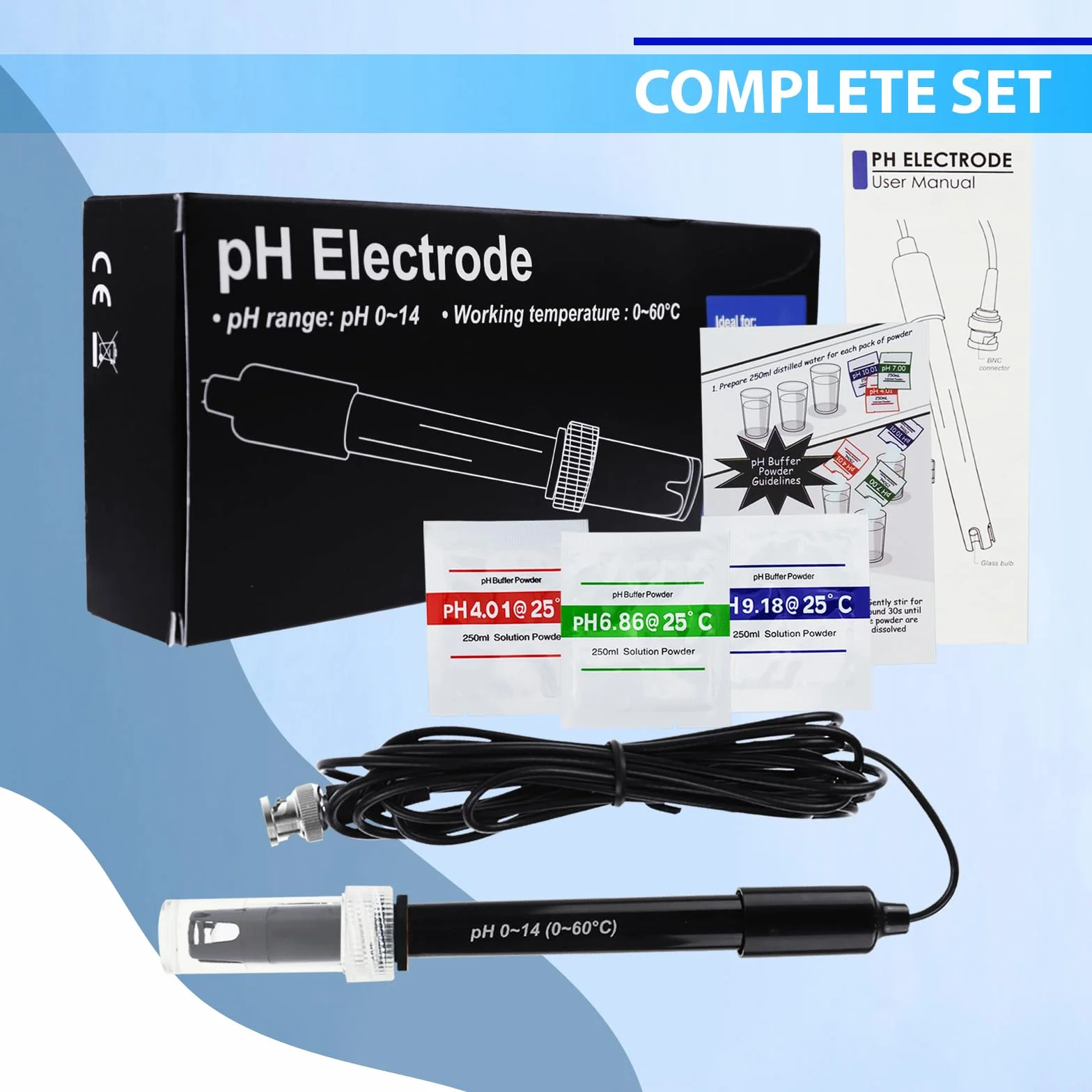 Electrodo de pH con sonda intercambiable, cable 300 cm, rango 0-14 pH, conector BNC, polvo calibración