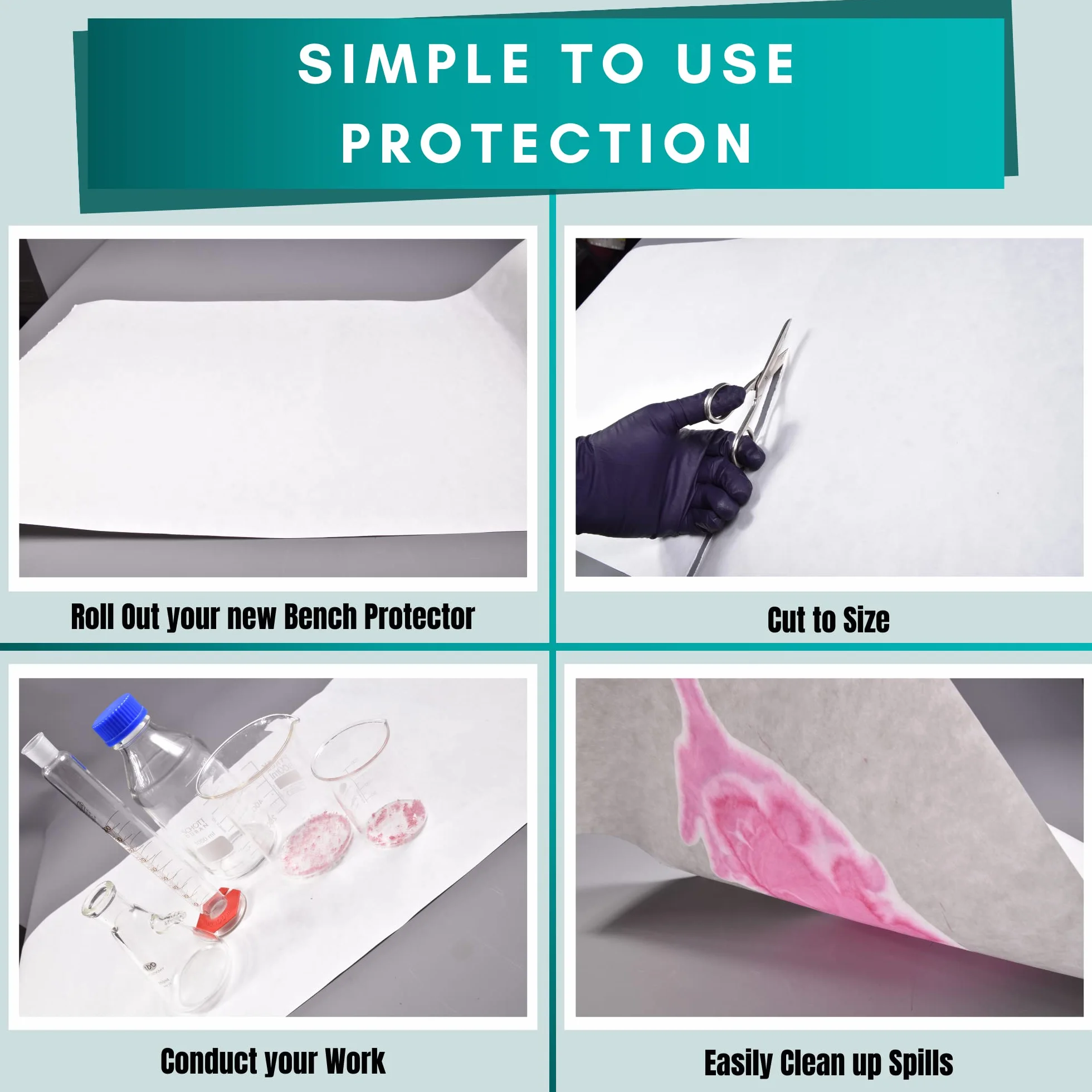 Rollo de papel protector de banco de laboratorio 460 mm x 50 m, doble barrera, absorbe derrames de líquidos