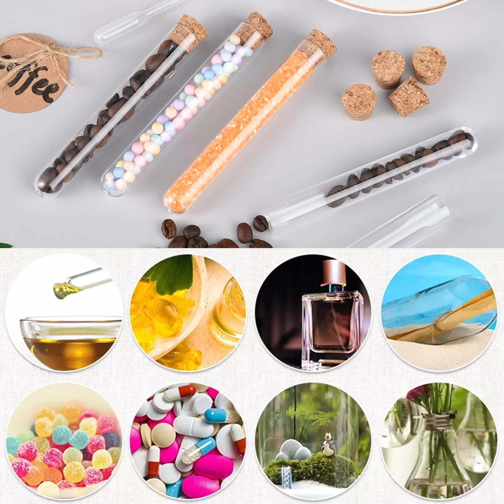 Tubos de Ensayo Plastico Transparente 13x78 mm 6ml con Tapones de Corcho y Cuerda de Cáñamo 50 Pcs
