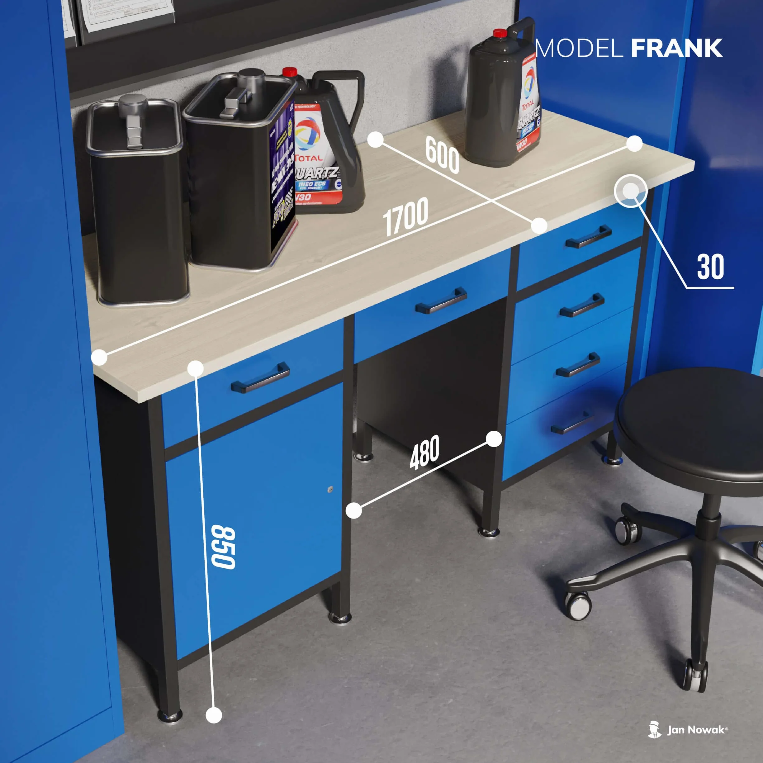 Banco de Trabajo con Encimera Mesa de Trabajo 6 Cajones MDF 500 kg Metal 170x60x85 cm Negro