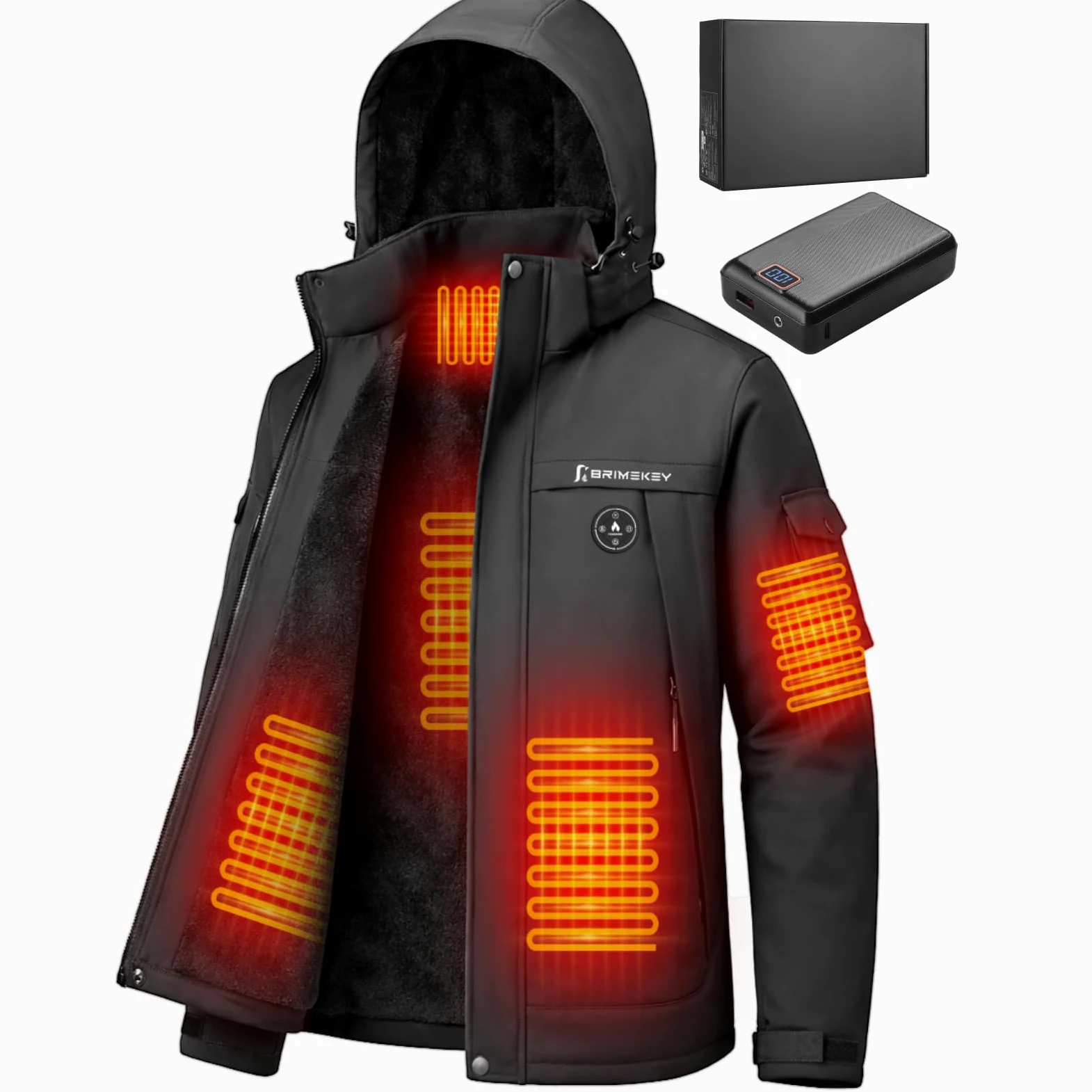 Chaqueta Calefactable Hombre con Forro de Felpa, Batería 20000mAh 7.4V Pantalla HD, 6 Zonas de Calor Ajustables y 3 Niveles de Temperatura, Impermeable y Resistente al Viento