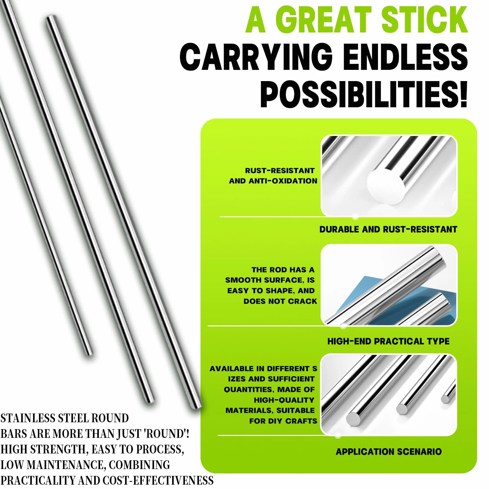 Varillas de Acero Inoxidable 5 mm x 300 mm, Barra Metálica Redonda para Manualidades DIY