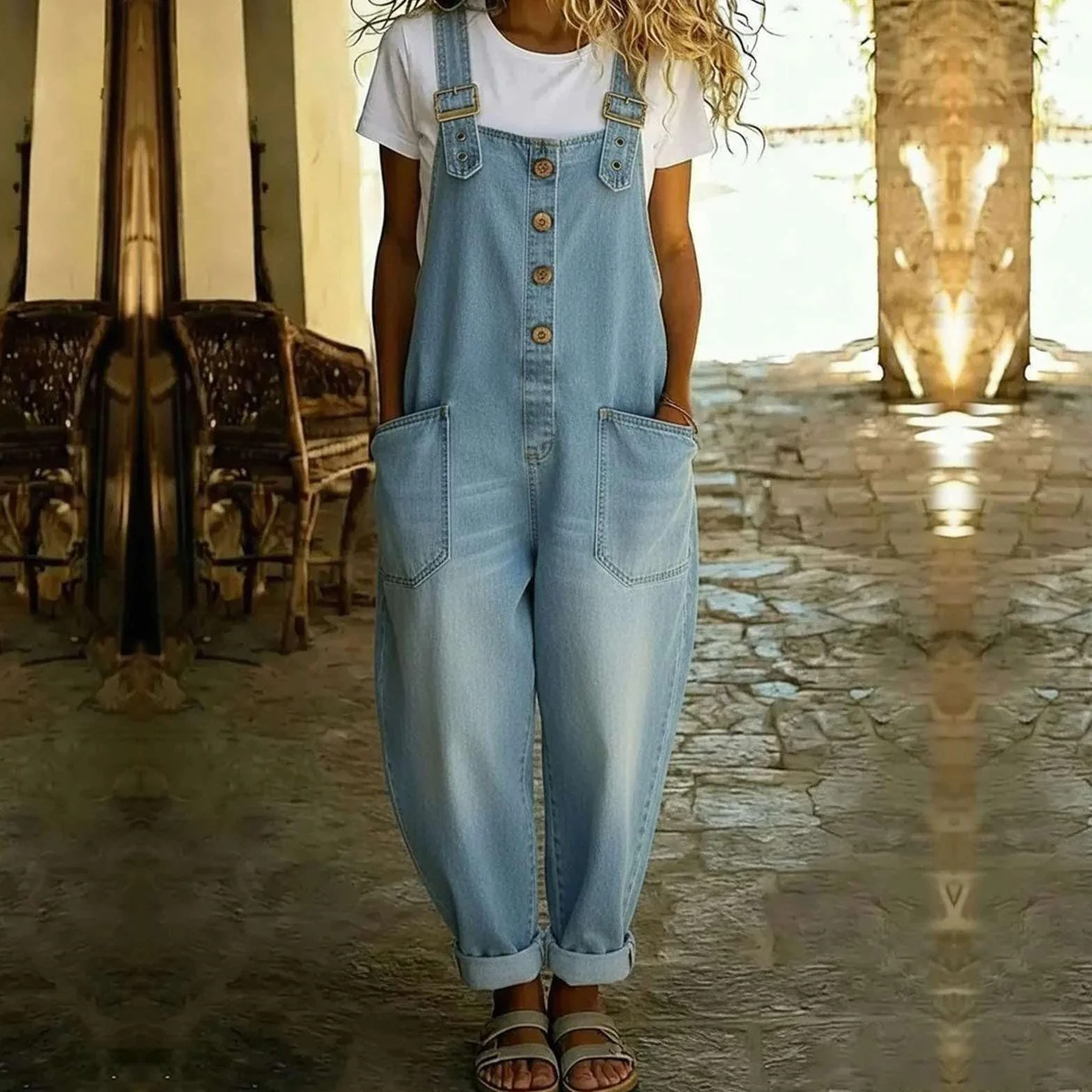 Genérico Mono Mujer Verano Bohemio Floral Petos Vaqueros Ajuste Holgado Pierna Ancha Overol Sin Mangas Elástico Peto Casual Playa Overoles Tallas Grandes Cómodas Con Bolsillos