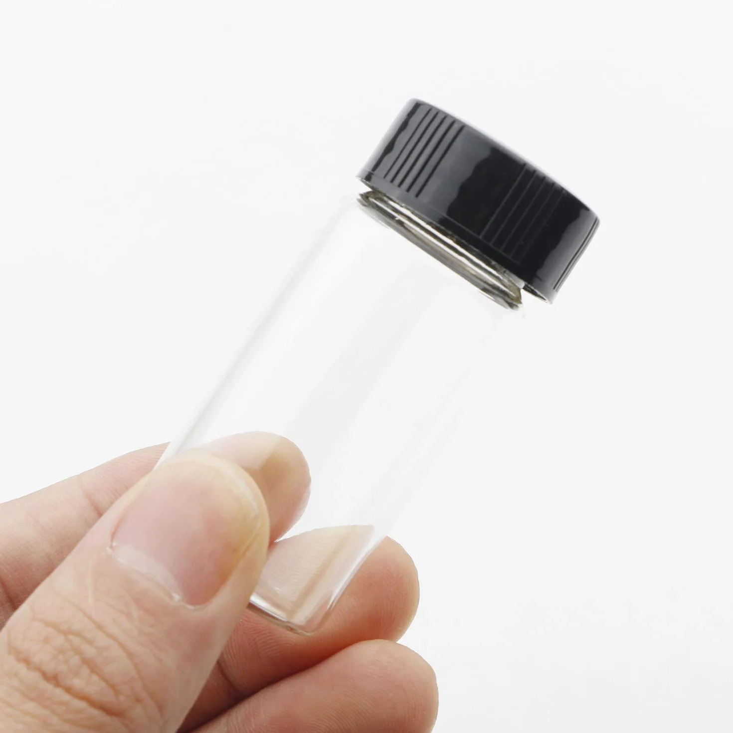 Botellas de Vidrio 20ml 2/3 Oz, Viales de Laboratorio con Tapa Negra, Transparente 20 Piezas