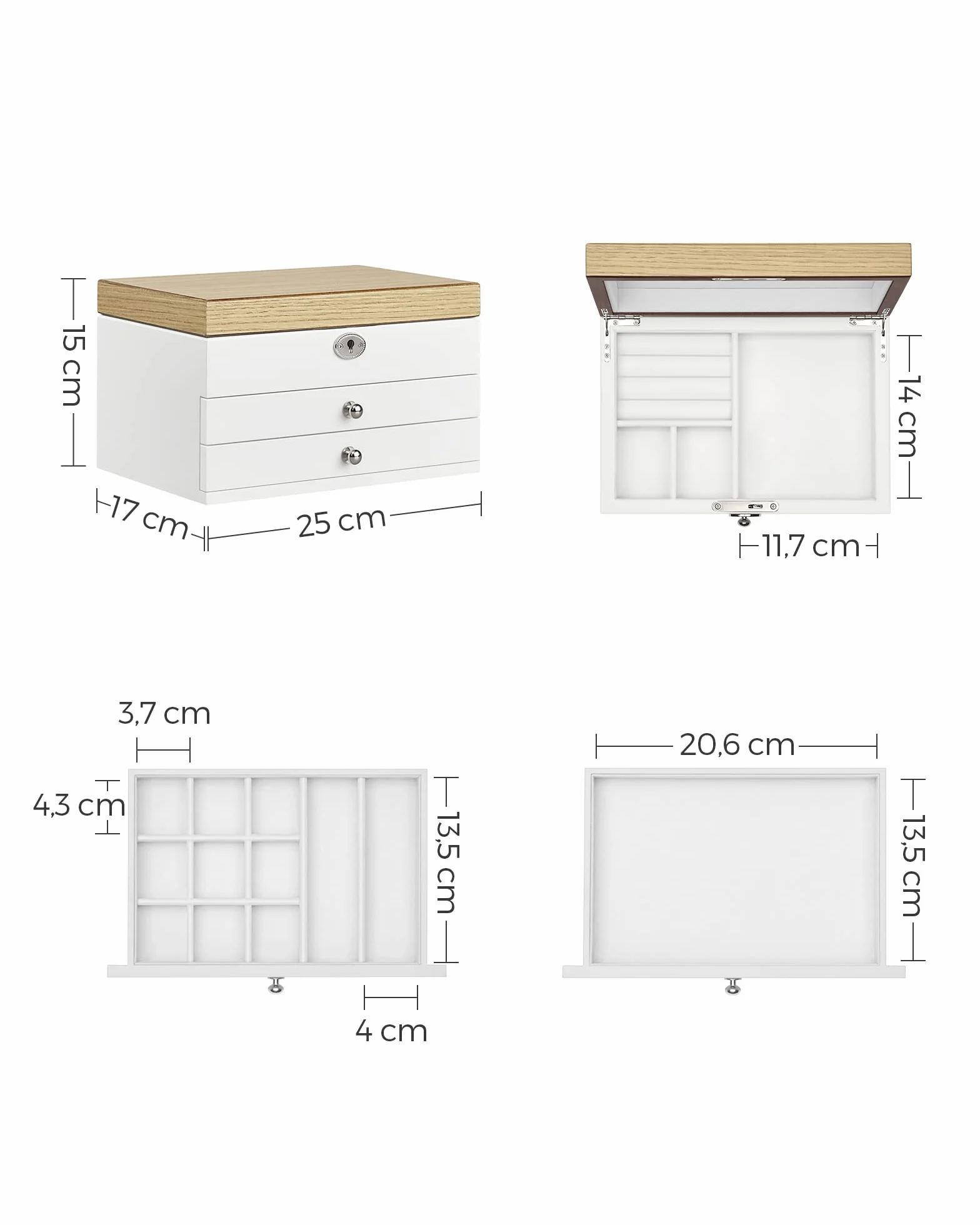 SONGMICS Caja Joyero, Caja de Joyas de 3 Niveles con Espejo Grande, 2 Cajones, Cerradura, Regalo para Seres Queridos, para Anillos, Pendientes, Pulseras, Collares, Blanco y Grano de Madera JOW15WN