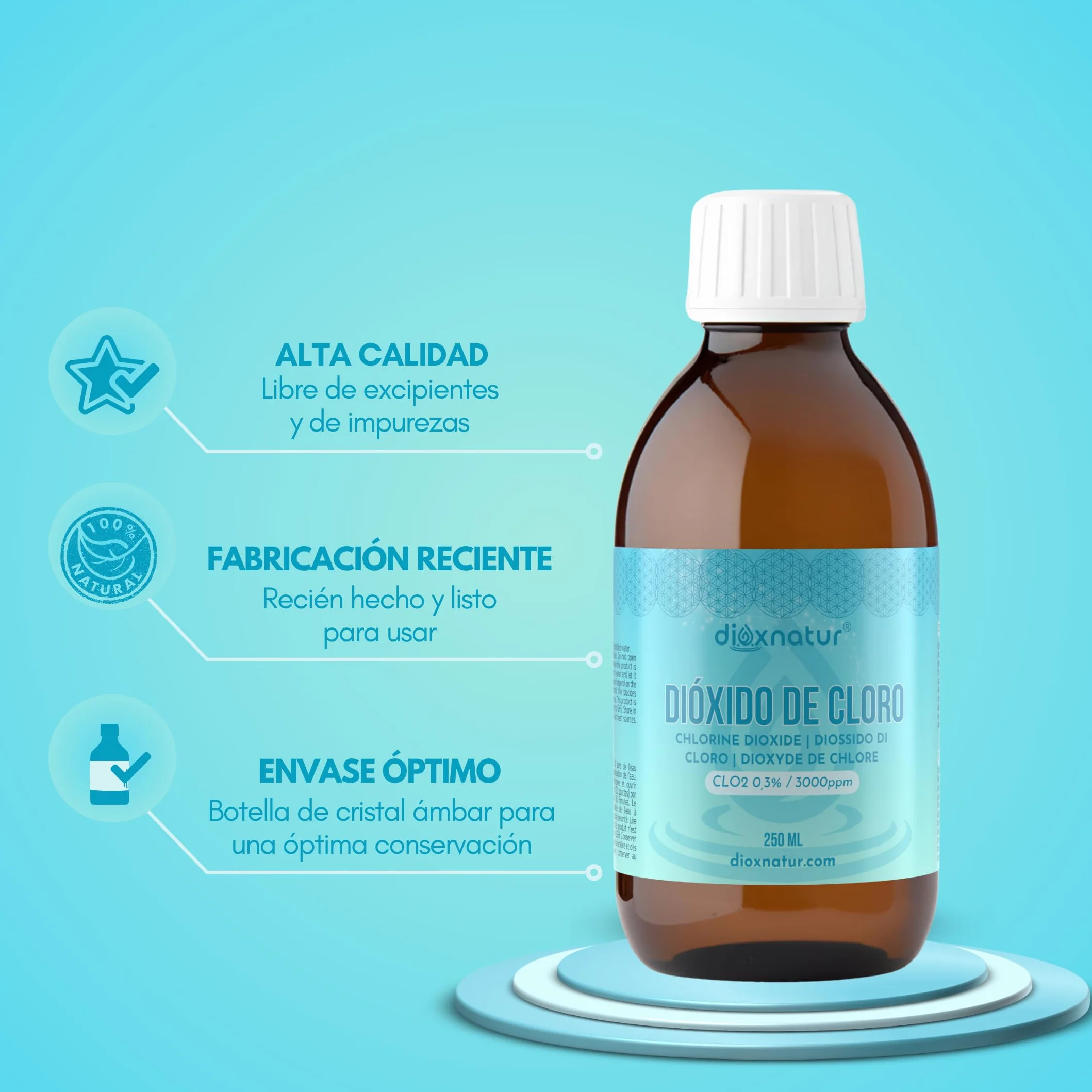 Dióxido de Cloro 3000 ppm 250 ml CDS Fabricado en España Botella de Vidrio